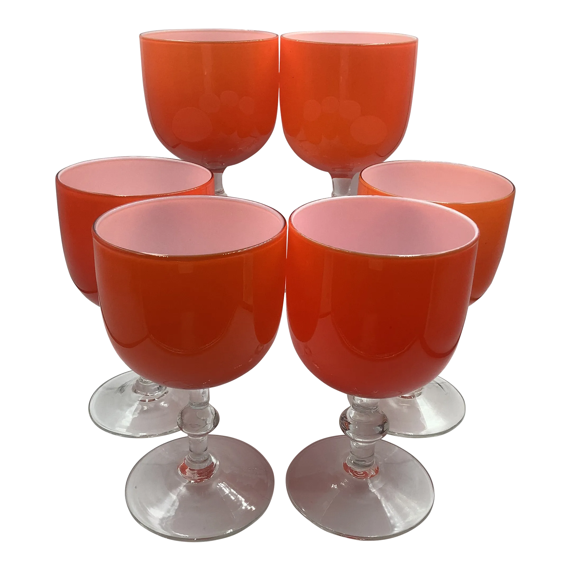 Rare Carlo Moretti Italy Orange Cased Glass Wine Glasses Goblets