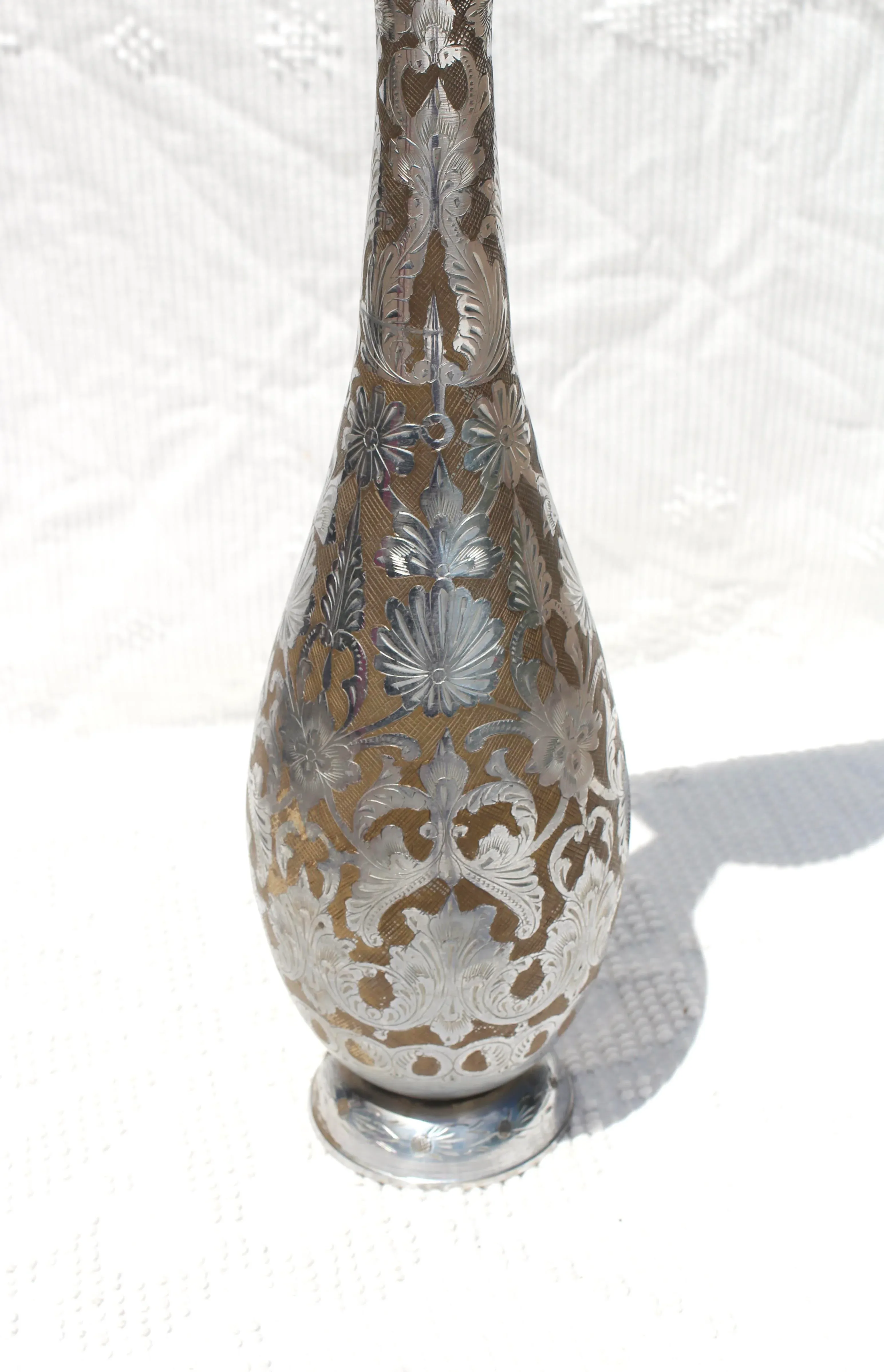 1970s Tall Etched Silver-Tone Vase From India