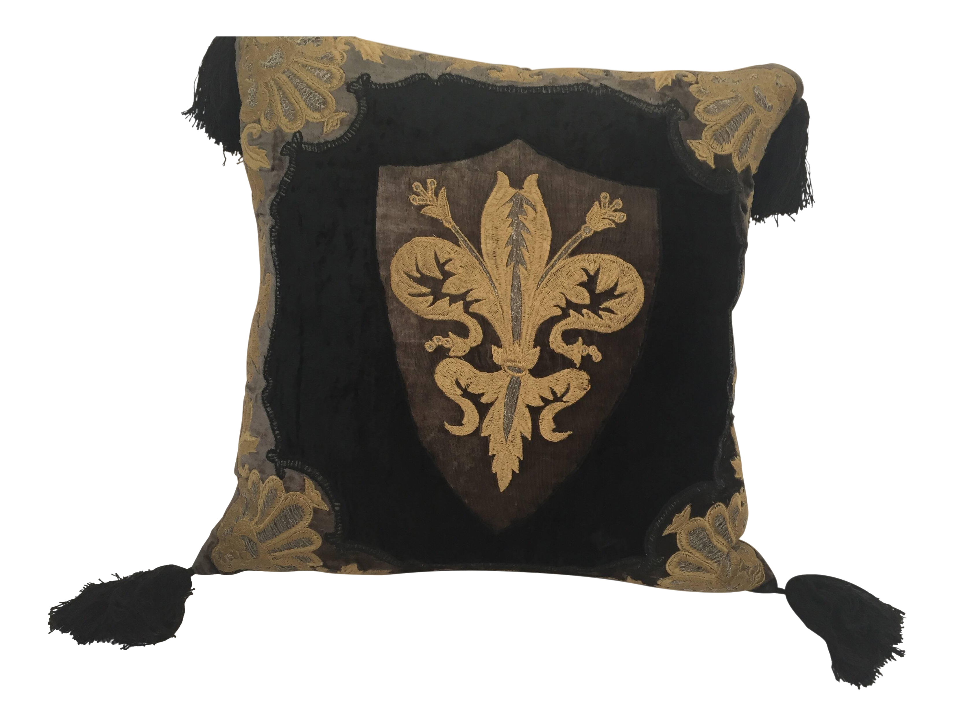 Moroccan Black Silk Decorative Pillow With Gold Metallic Threads