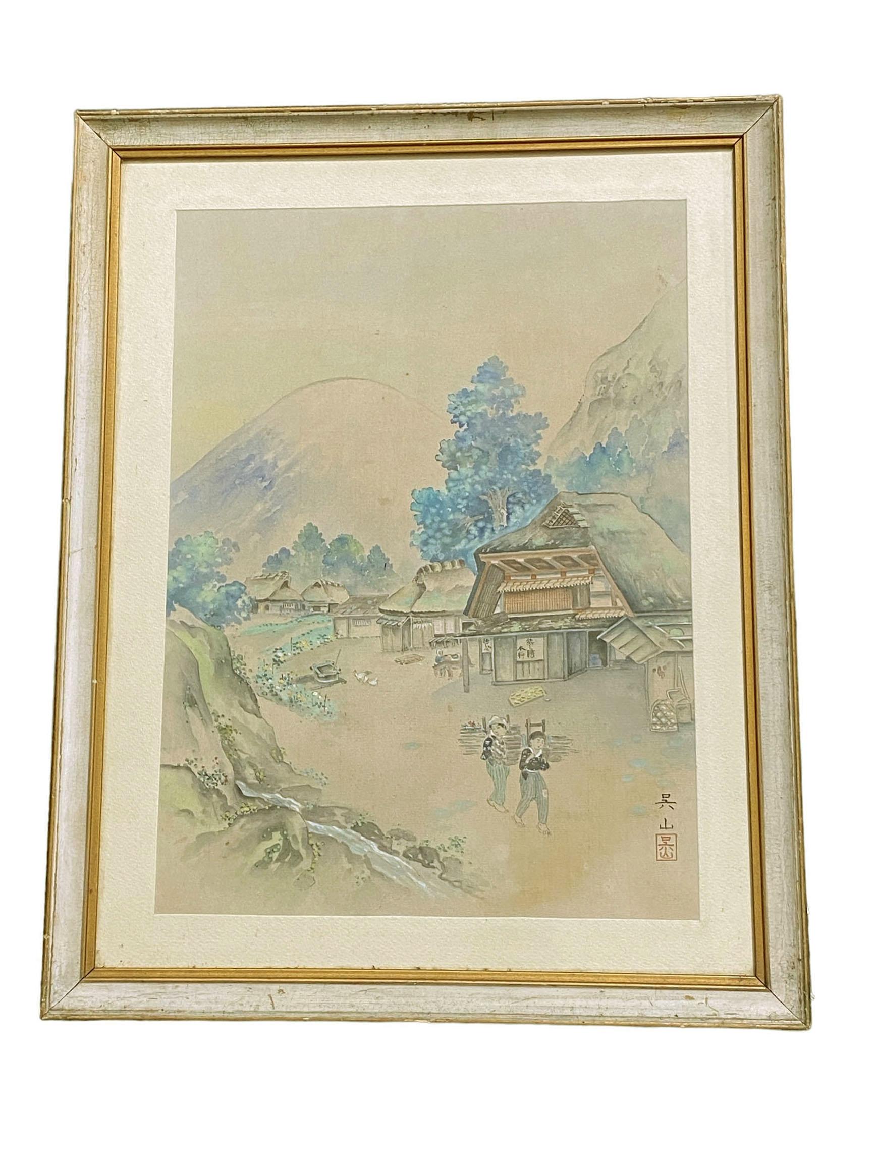Old Water Color Landscape Painting on Chinese Silk Framed