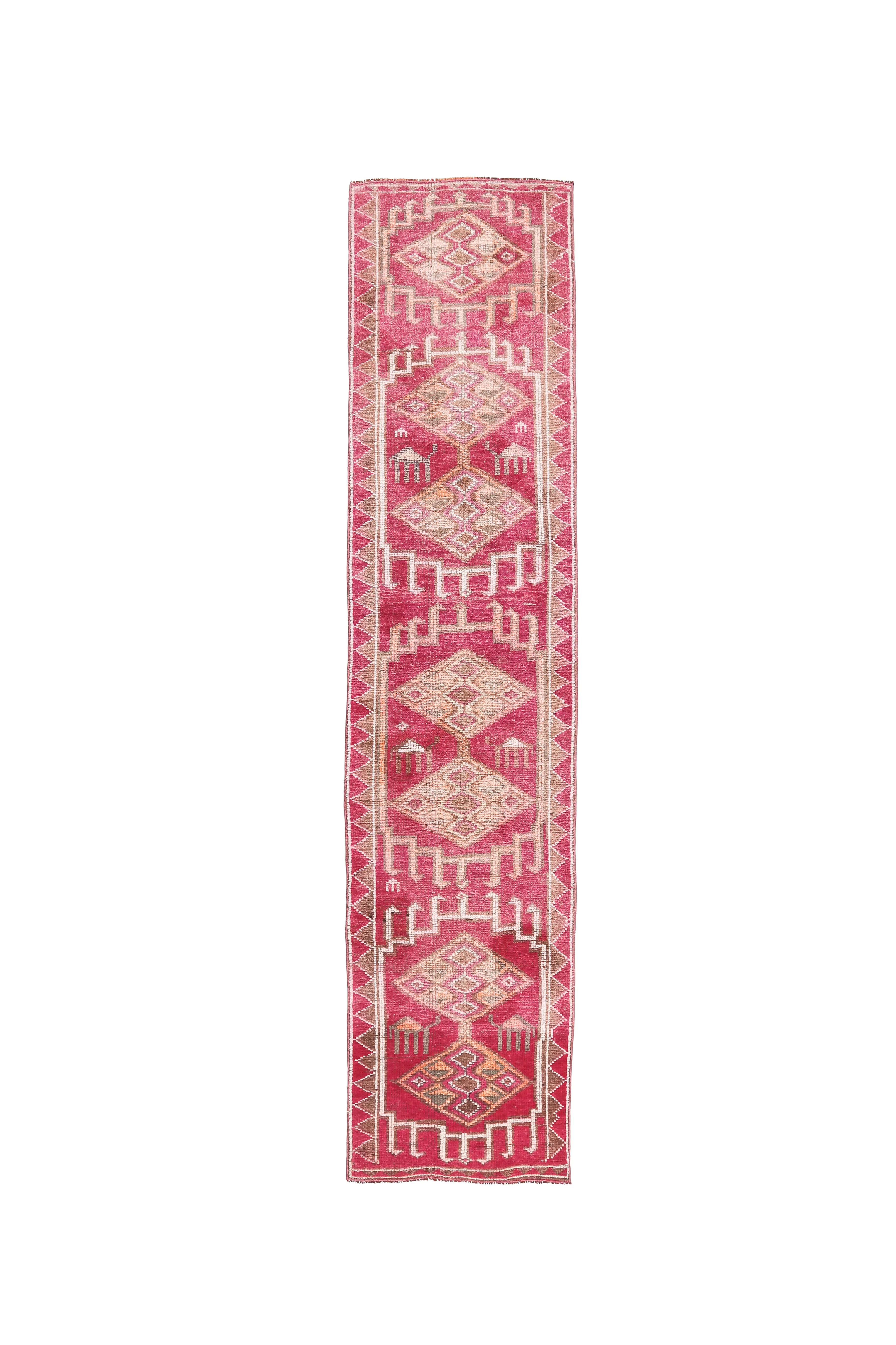 Vintage Pink Geometric Turkish Hand-Knotted Runner