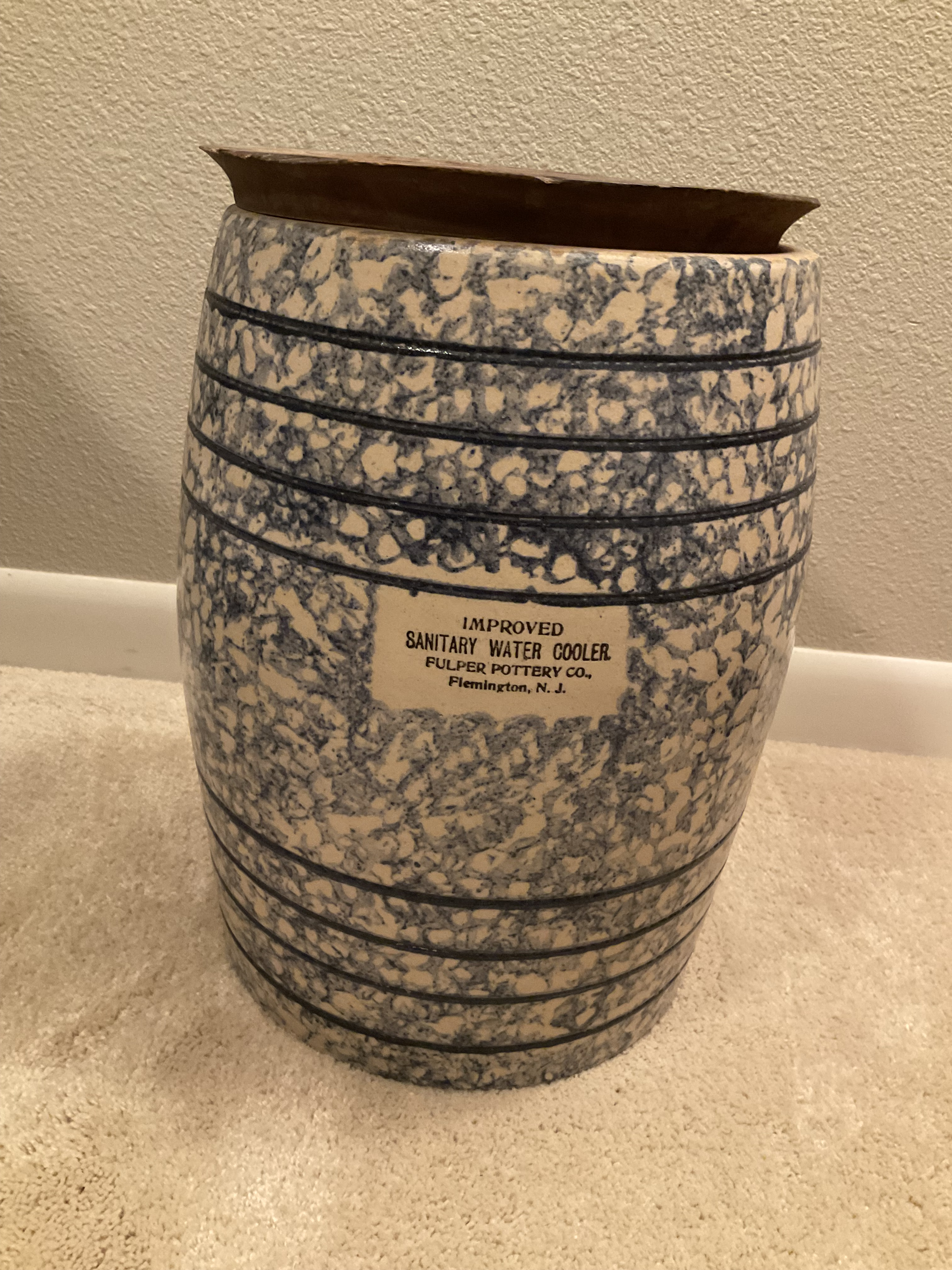 Early 20th Century 4 Gallon Blue Spongeware Ice Water Cooler