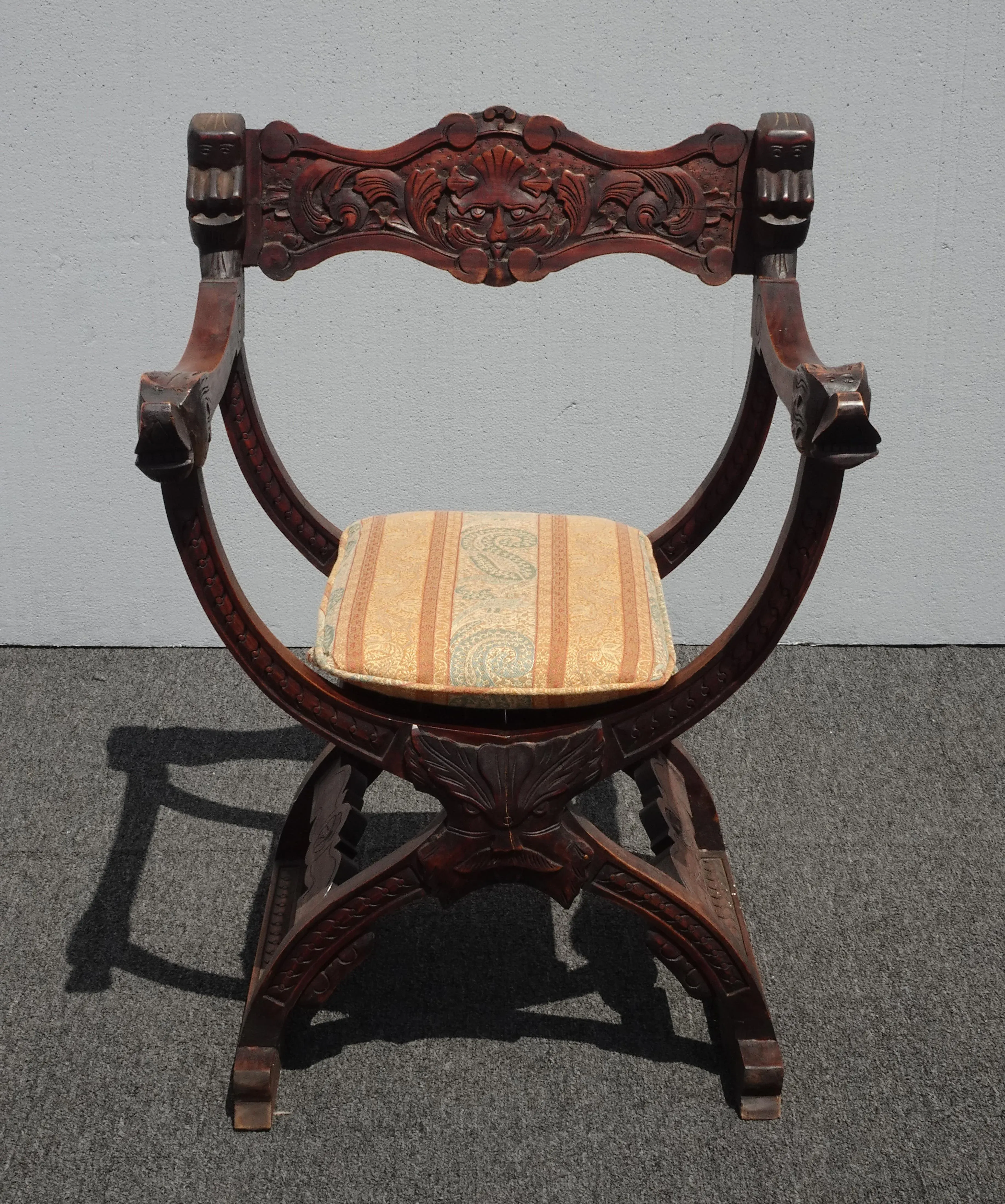Vintage French Country Savonarola X Chair Ornately Carved W Lion