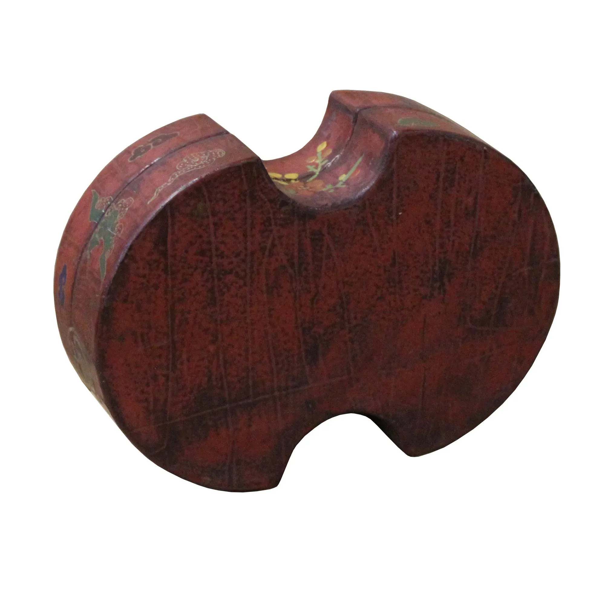 Chinese Distressed Brown Lacquer Oval Phoenix Graphic Box