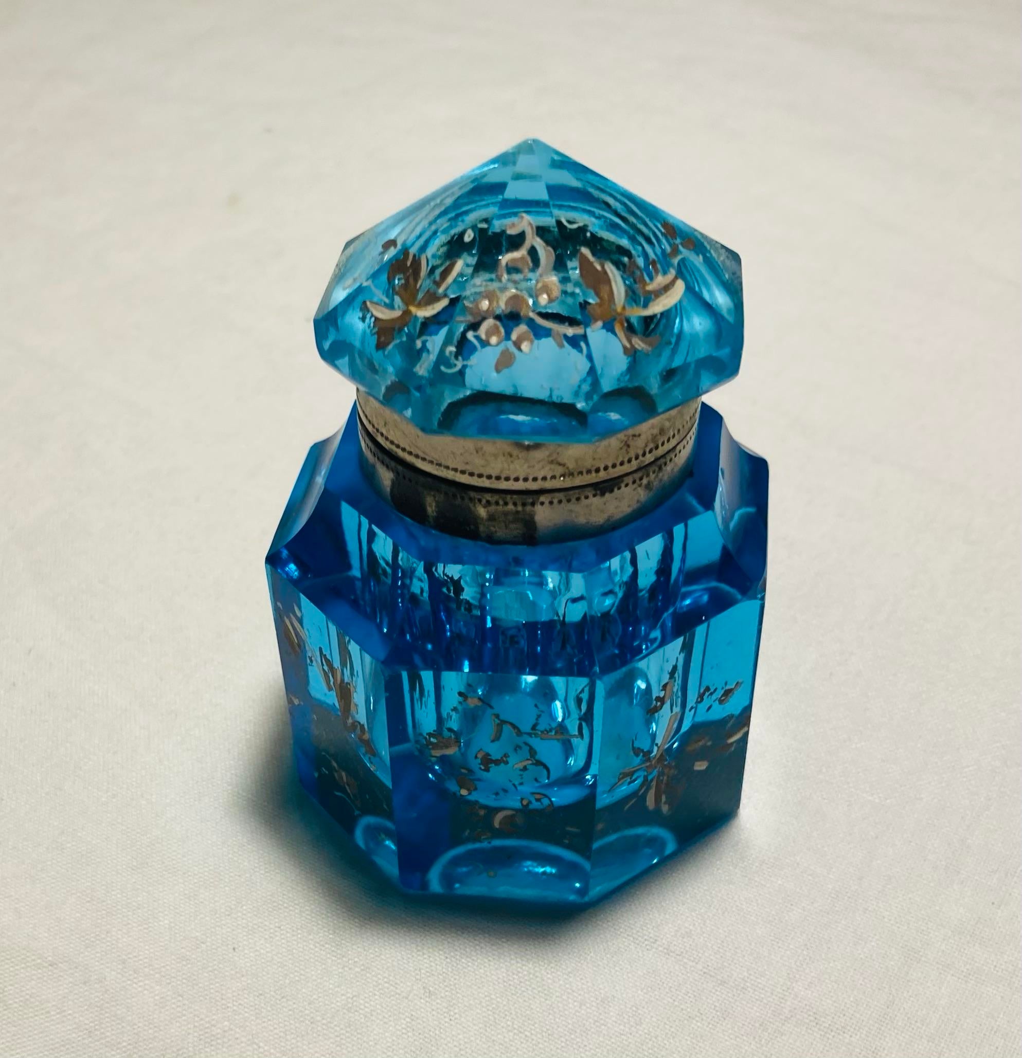 Antique Blue Faceted Crystal Artdeco Inkwell or Fragrance Holder