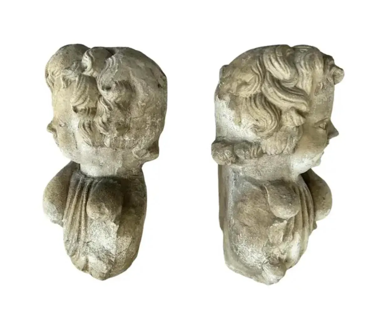 Hand-Carved Italian Stone Cherub Corbels, a Pair