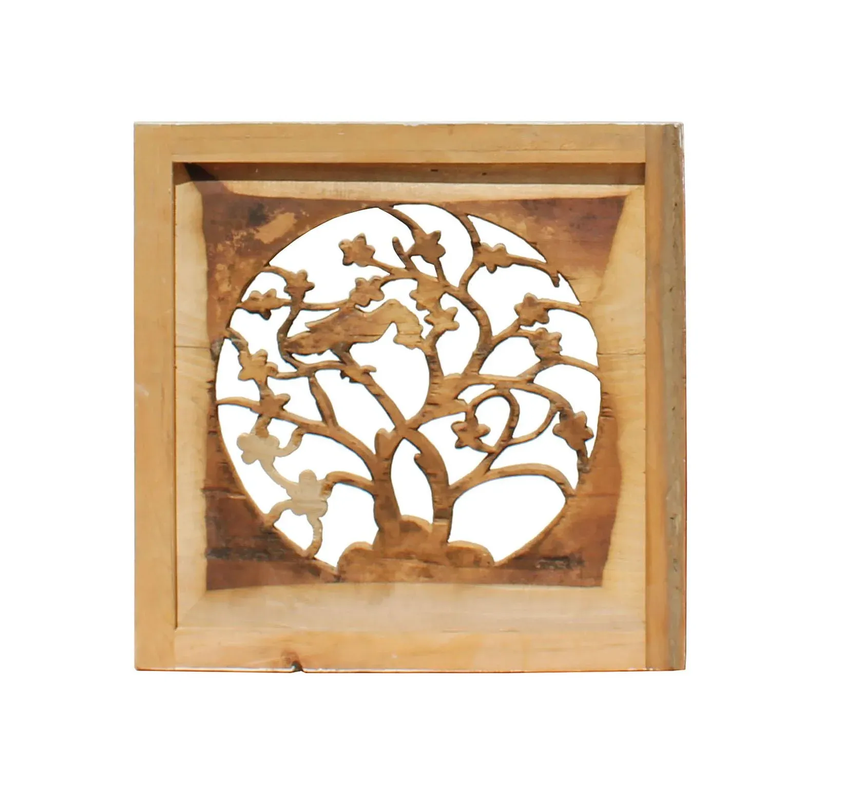 Off White Wash Lacquer Chinese Birds & Flowers Square Wall Panel