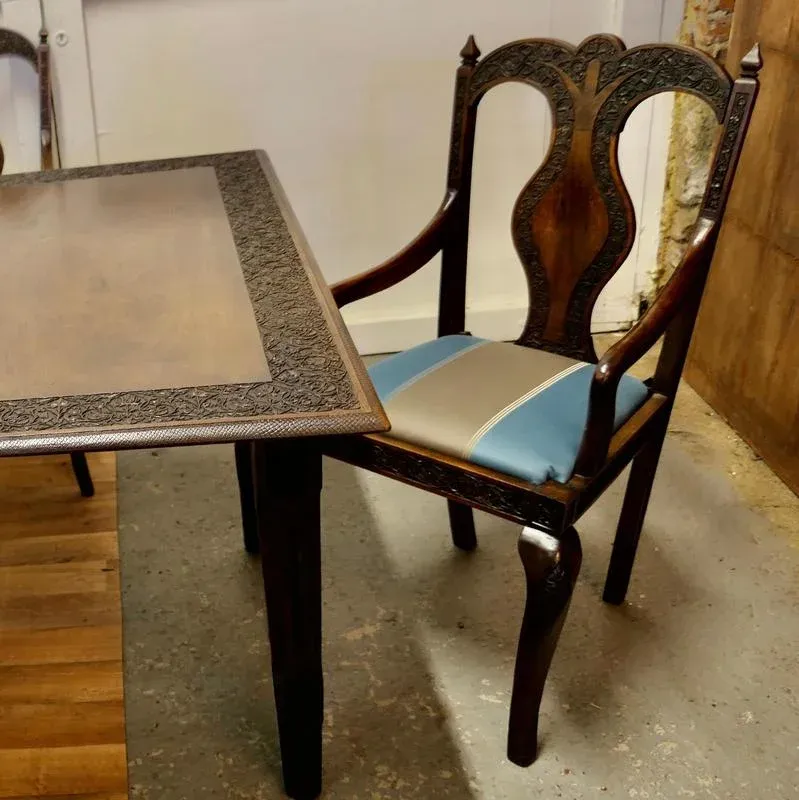 Carved Dining Table and Chairs, 1920s, Set of 7