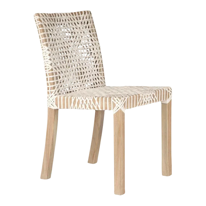 White Leather Woven Lulua Dining Chair Teak Wood | Chairish