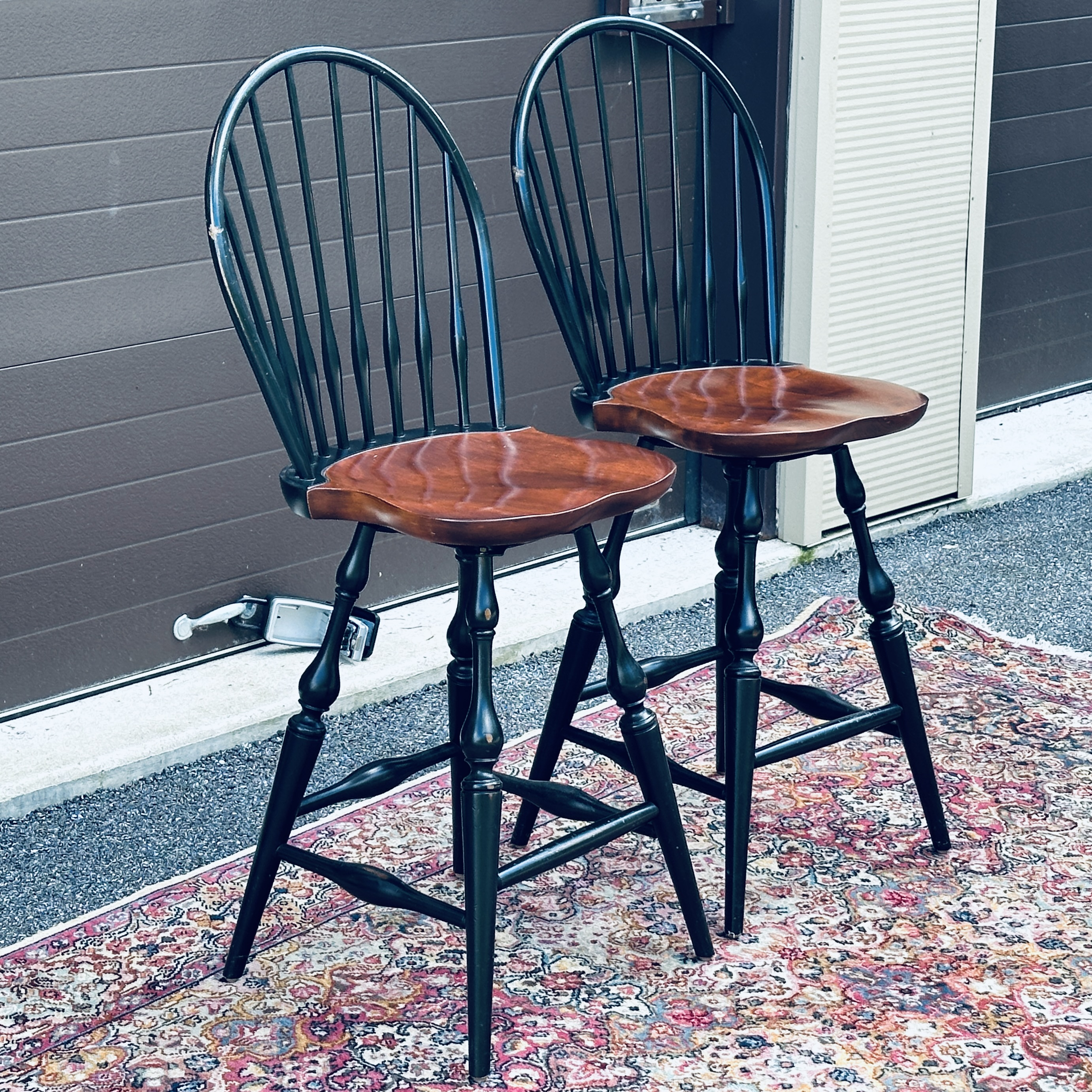Nichols Stone American Windsor Swivel Seat Counter Stools a Pair