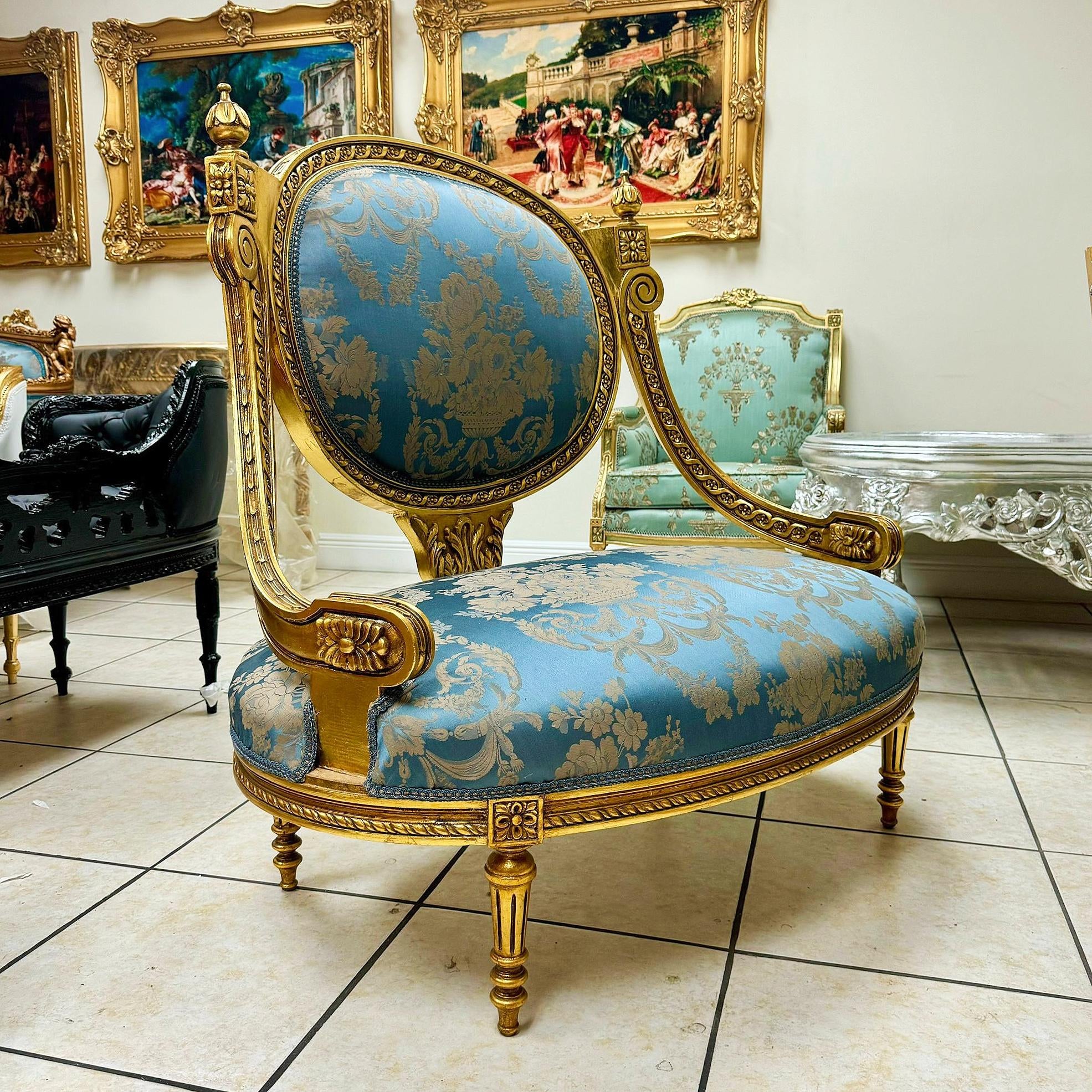 Rococo Style Big Blue Chair With Gold Details