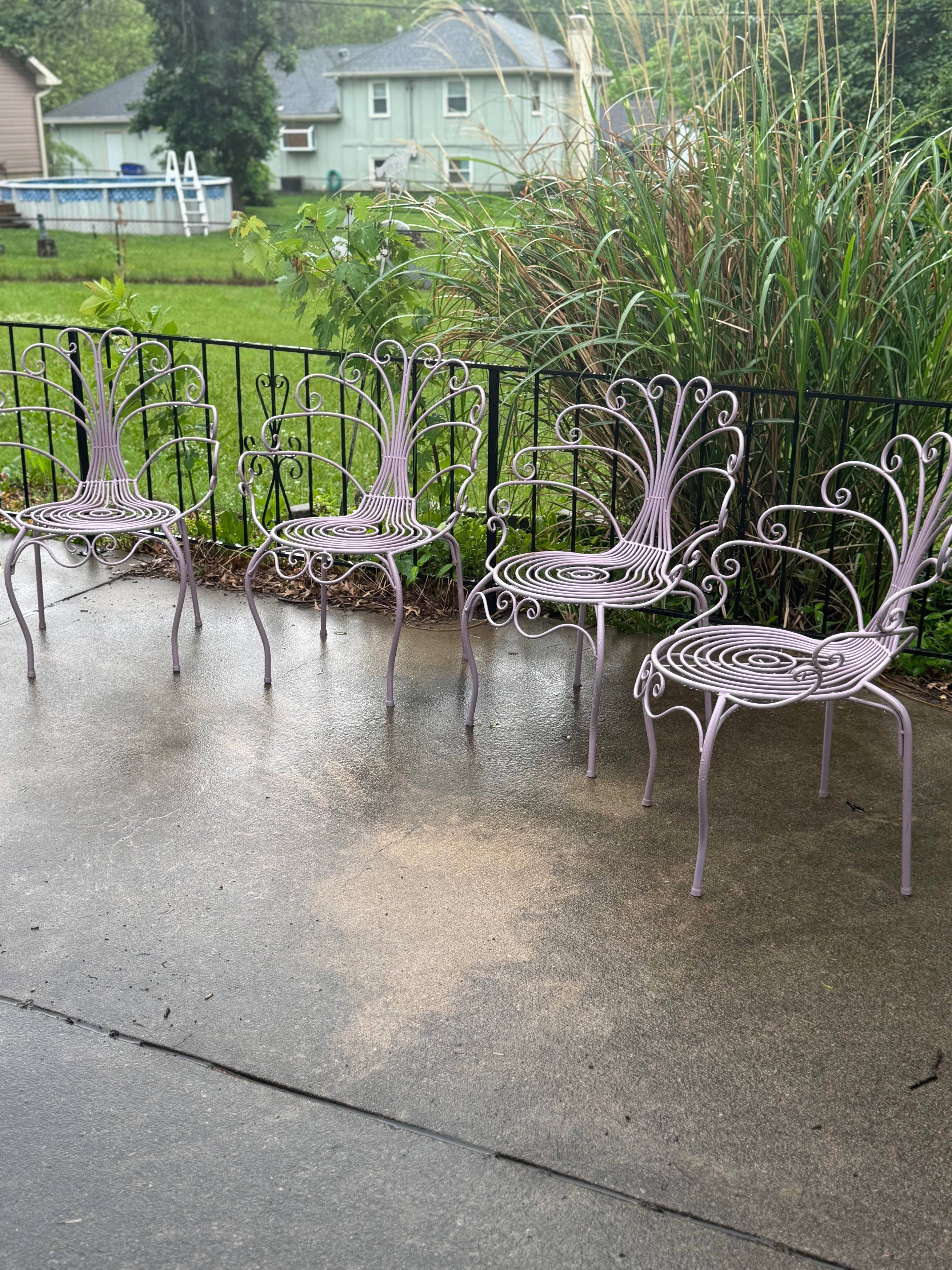 1970s Dorothy Draper Style Wrought Iron Peacock Patio Chairs, Set