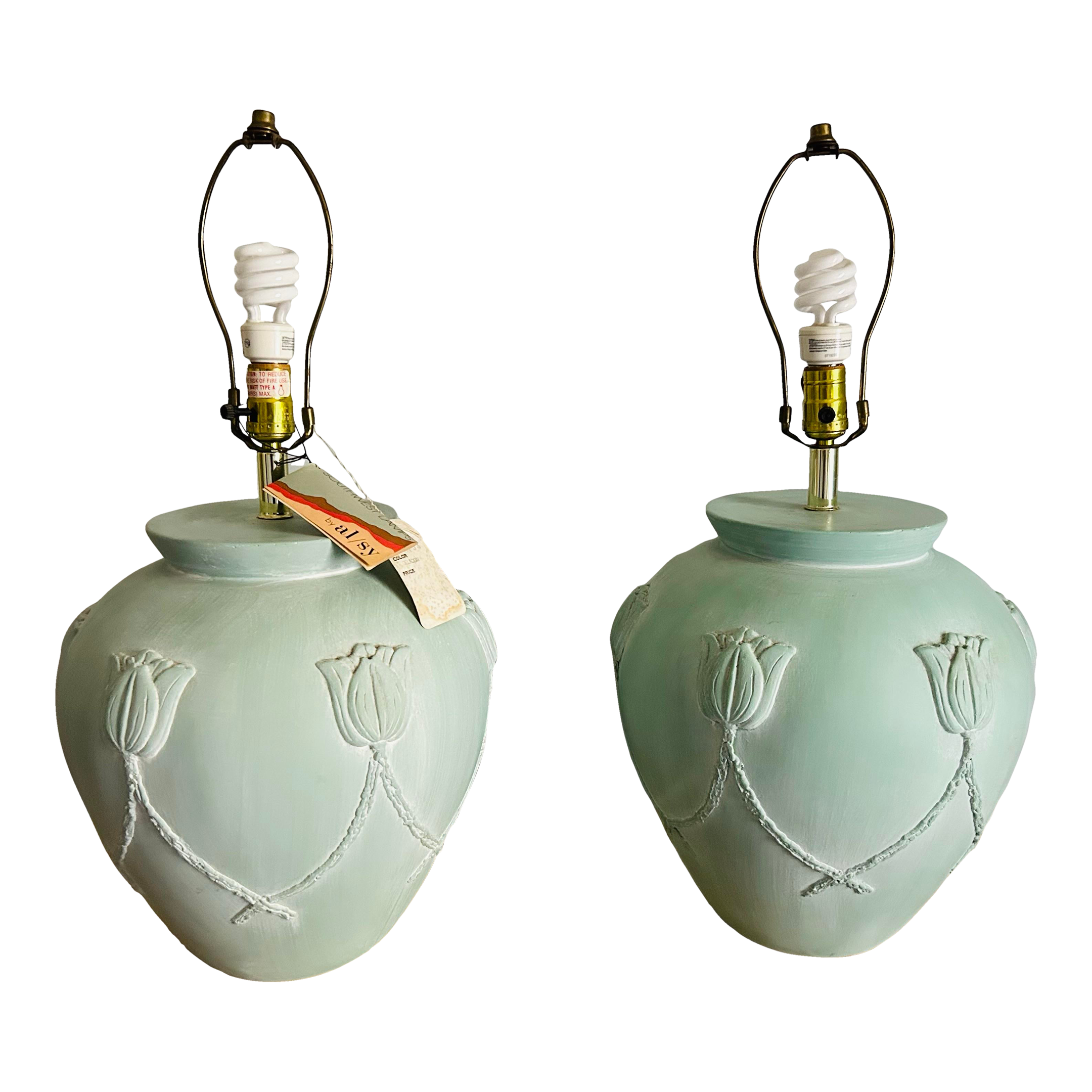 Vintage Pair 1986 Southwest Alsy Tulip Theme Celadon Table Lamps
