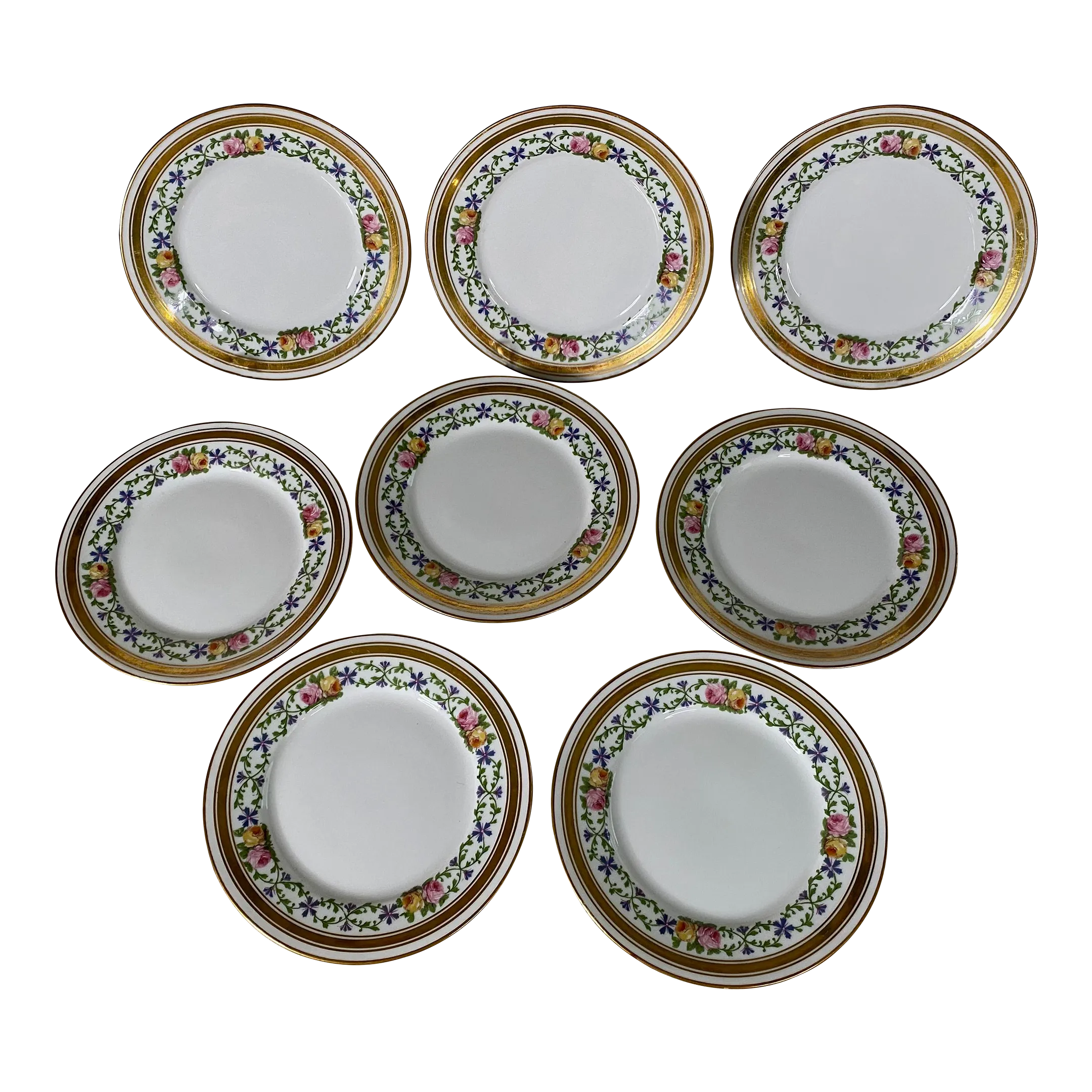 19th Century Gold Encrusted Charles Ahrendfeldt Limoges Porcelain Dessert Plates- Set of 8Matilda Jane platinum Christmas Sara