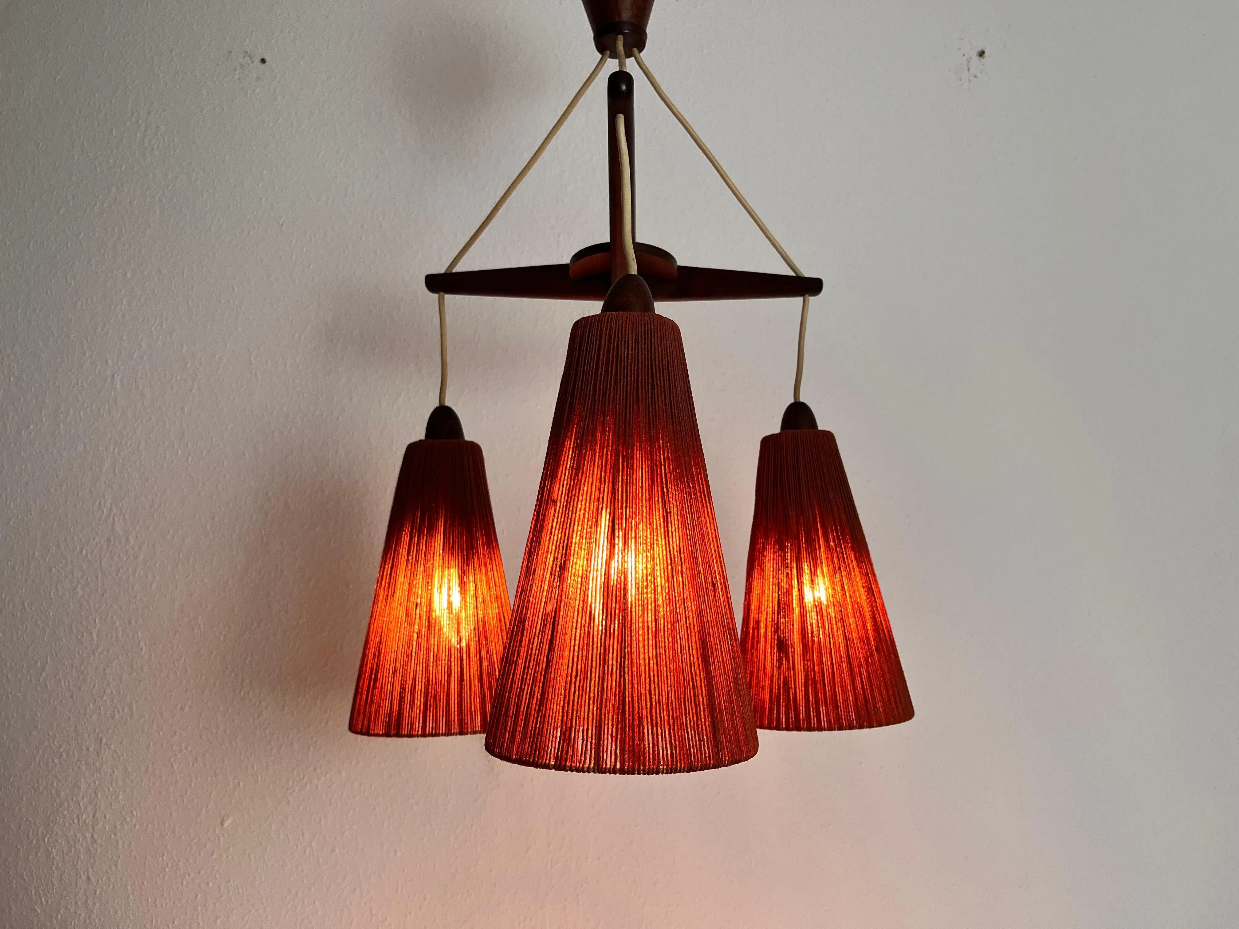 Midcentury Teak and Cord Shade Hanging Lamp by Temde, circa 1960