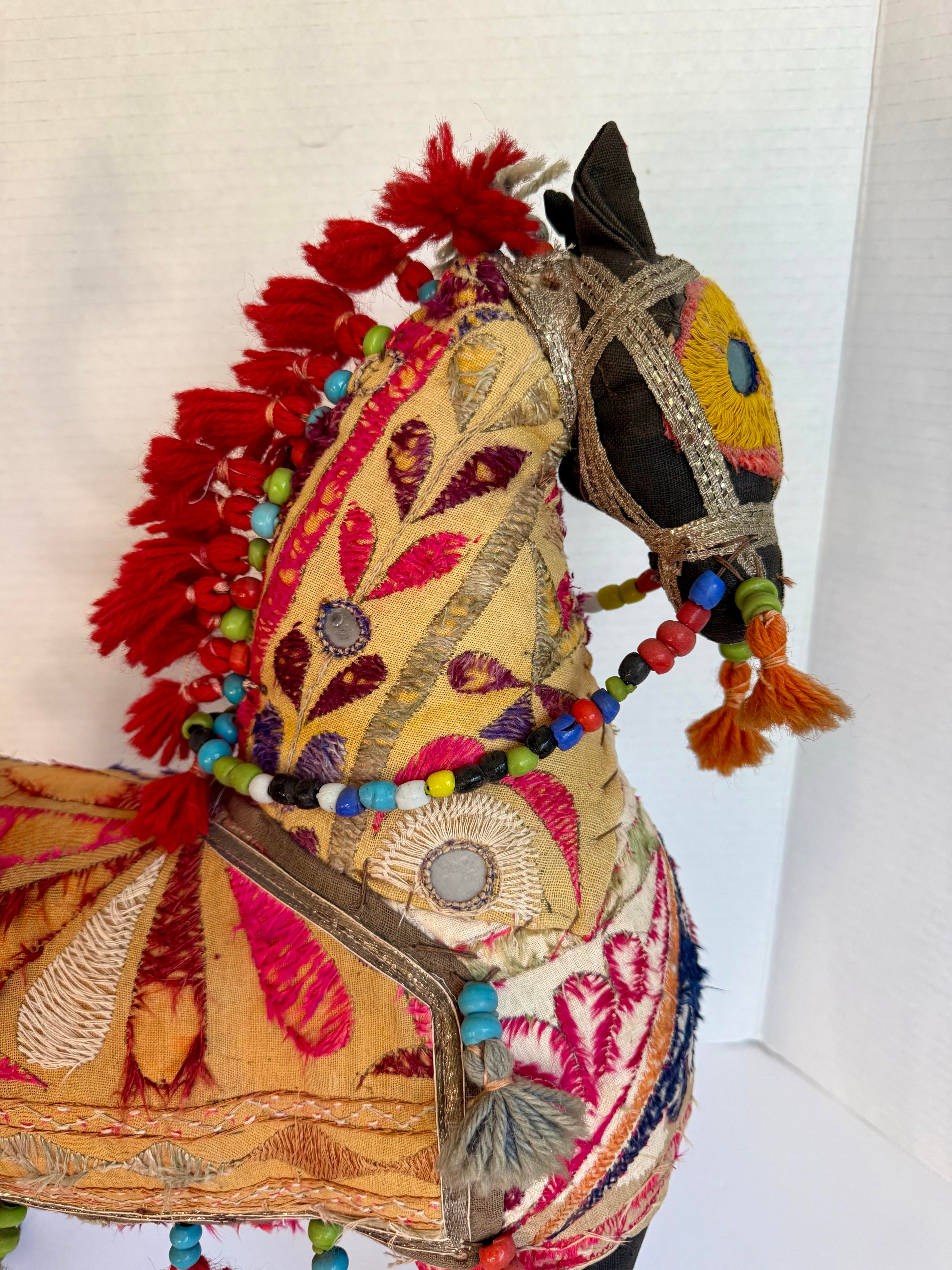 Antique Rajasthani Embroidered Textile Art Horse Figurative Sculpture