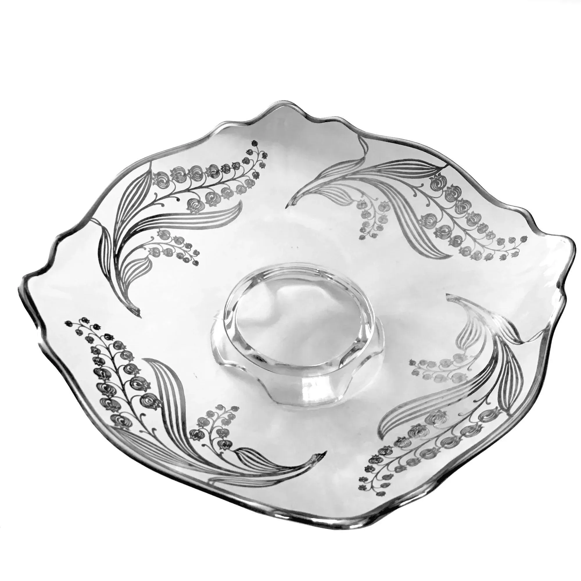 Vintage Pressed Glass Footed Serving Platter With Inlaid Sterling Silver Lily of the Valley