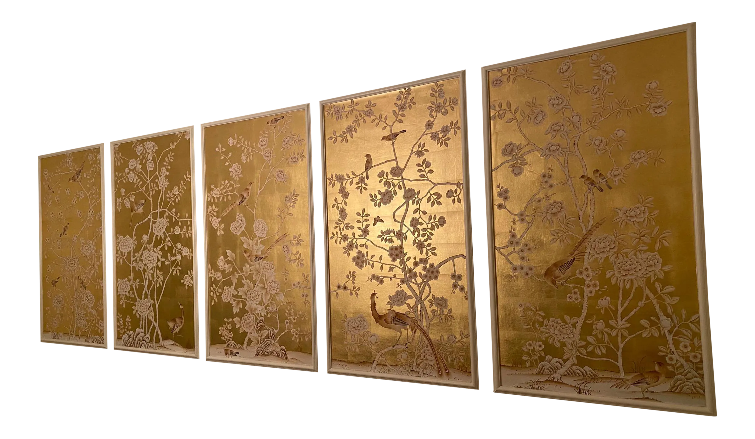 Chinoiserie Monochrome Floral Hand Painted Wallpaper Artwork Panels on Gold Metallic - 34\
