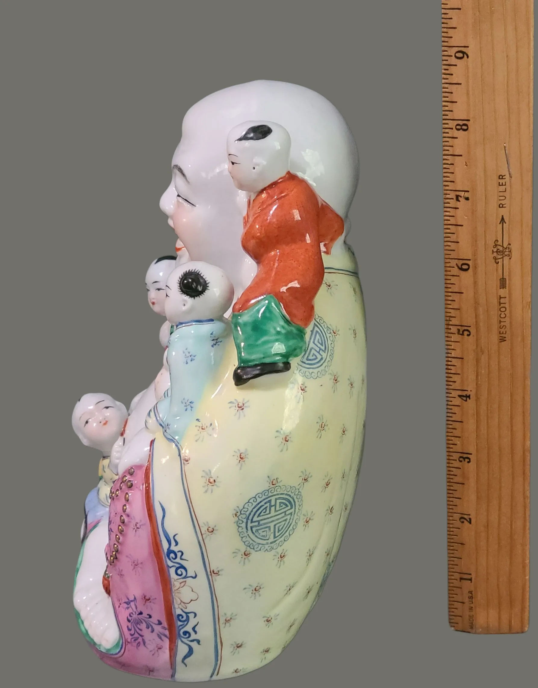 Vintage Hand Painted Colorful Famille Rose Fertility Happy Buddha Statue