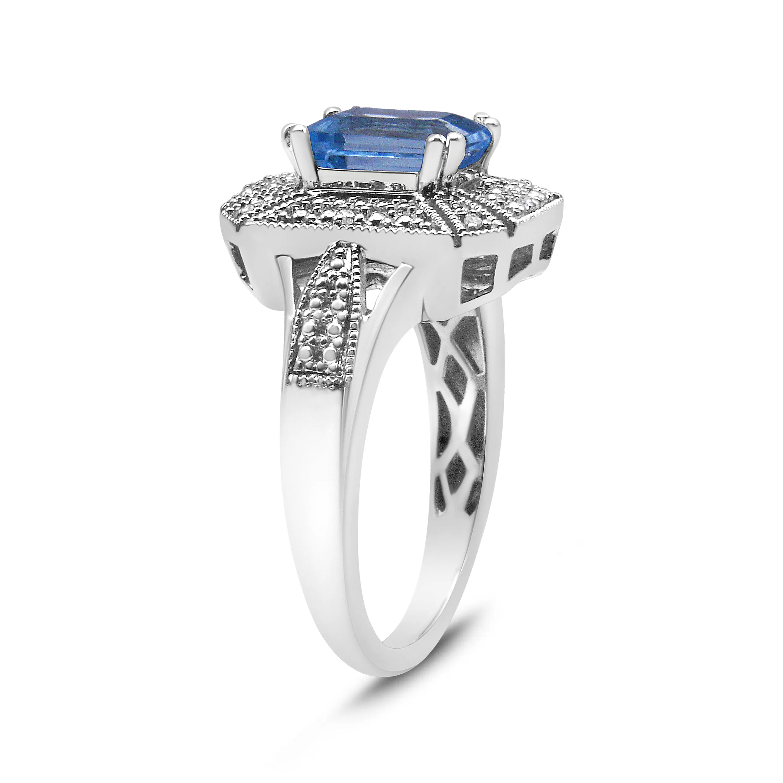 ☆TATIANA☆ Silver 925 Blue Sapphire Emerald Bezel RingCR048 925 Sterling Silver Diamond Accent and 8X6 mm Emerald-Shape