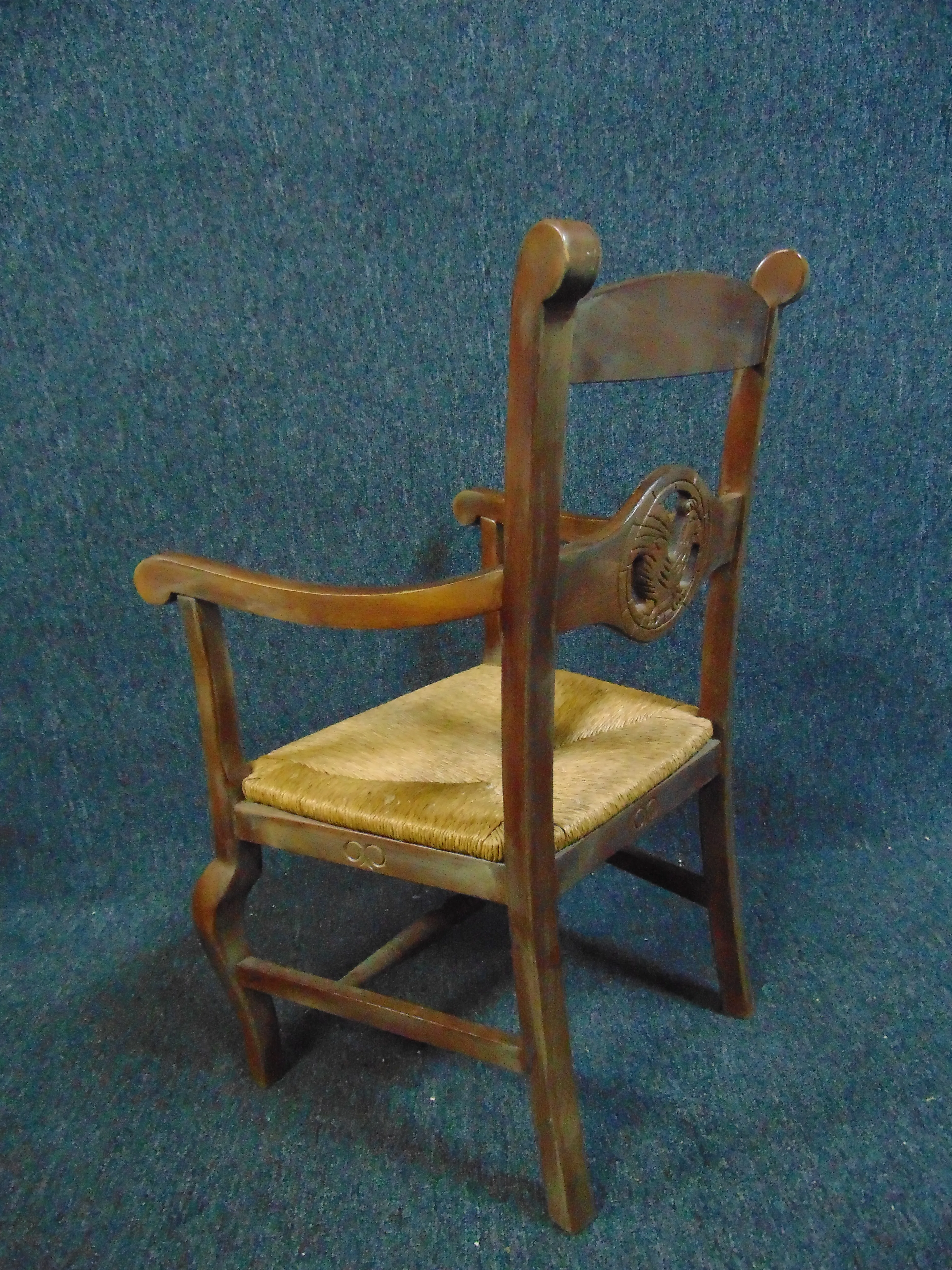 Country French Fruitwood Rooster Carved Rush Seat Arm Chair