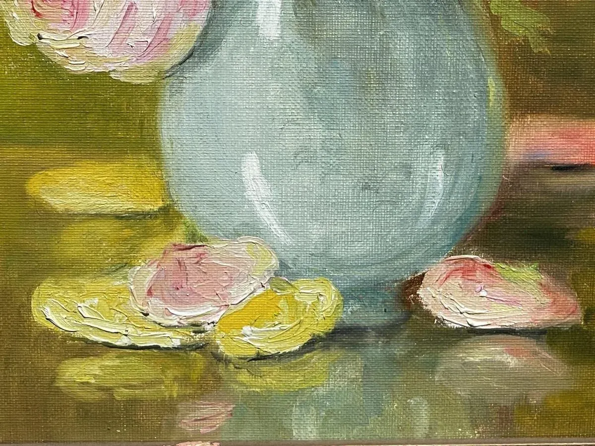 Marie-Madeleine de Rasky, Roses in a Blue Vase, Oil on Canvas, Framed