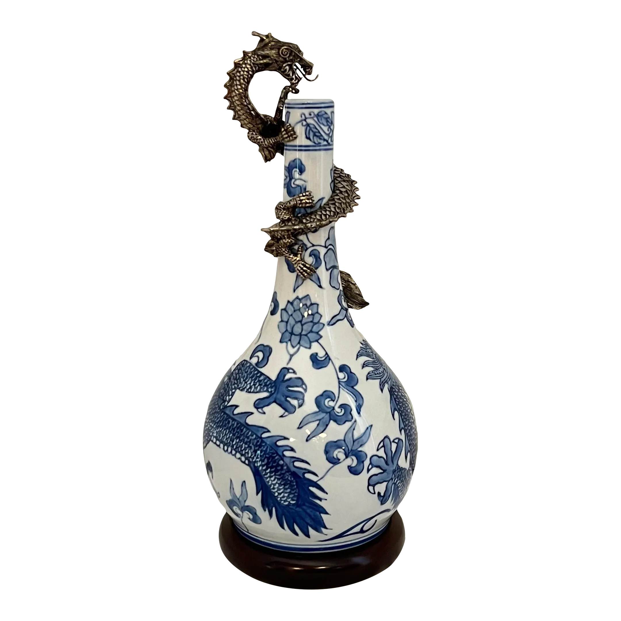Vintage Blue and White Vase With Dragon Mount on Stand Chairish