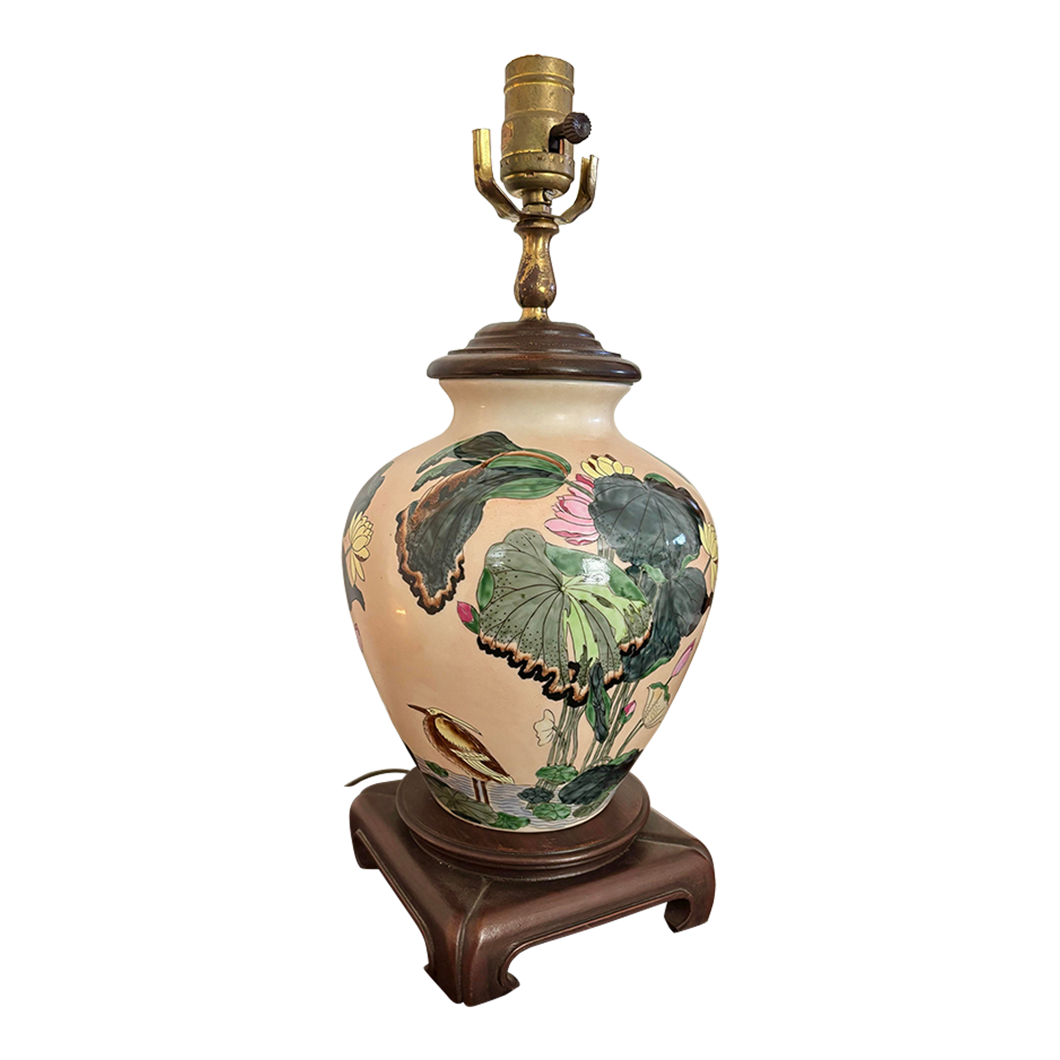 1980s Asian Chinoiserie Pond and Crane Blush Pink Ceramic Table