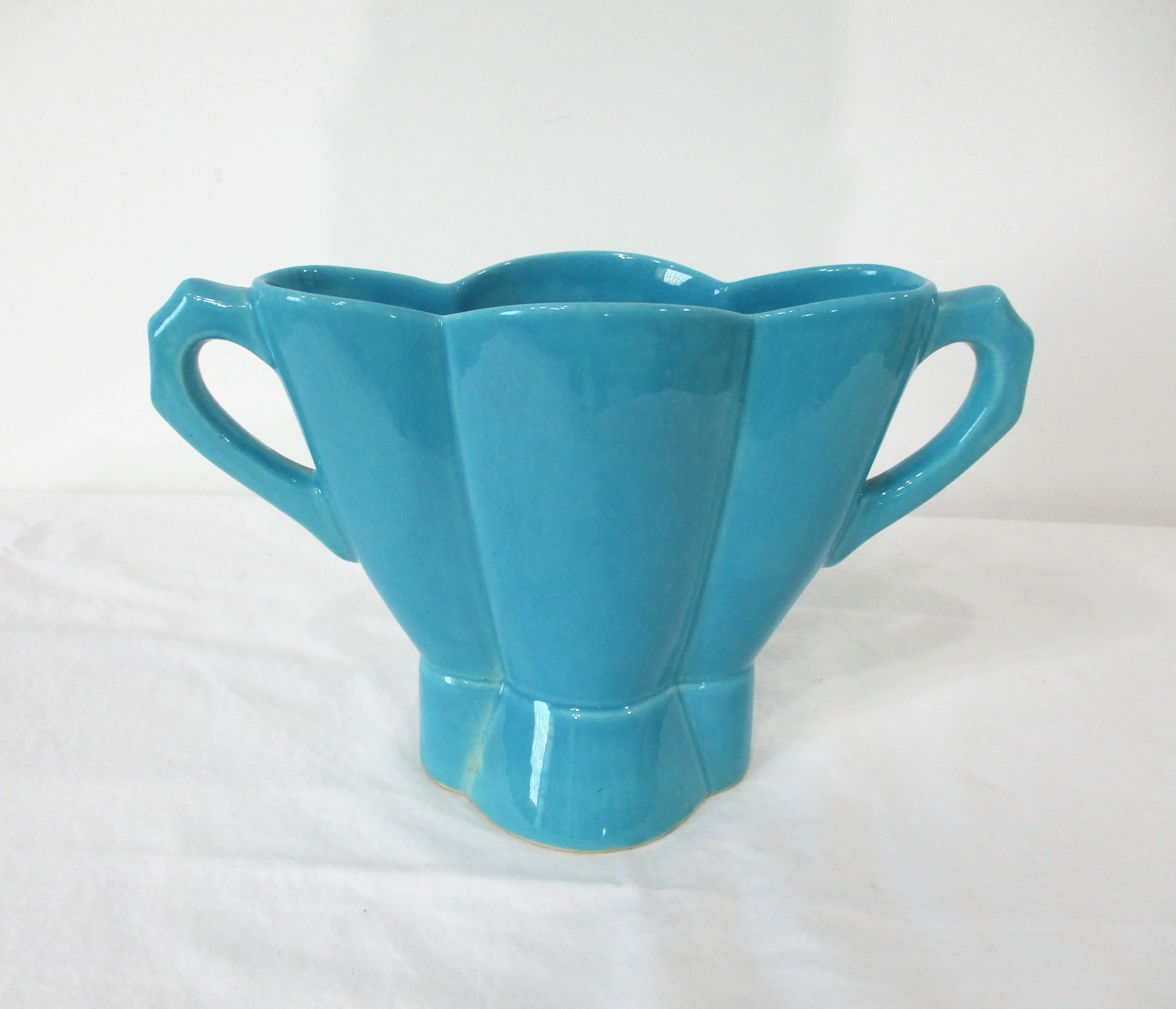 Bauer California Pottery Blue Handled Flower Vase | Chairish