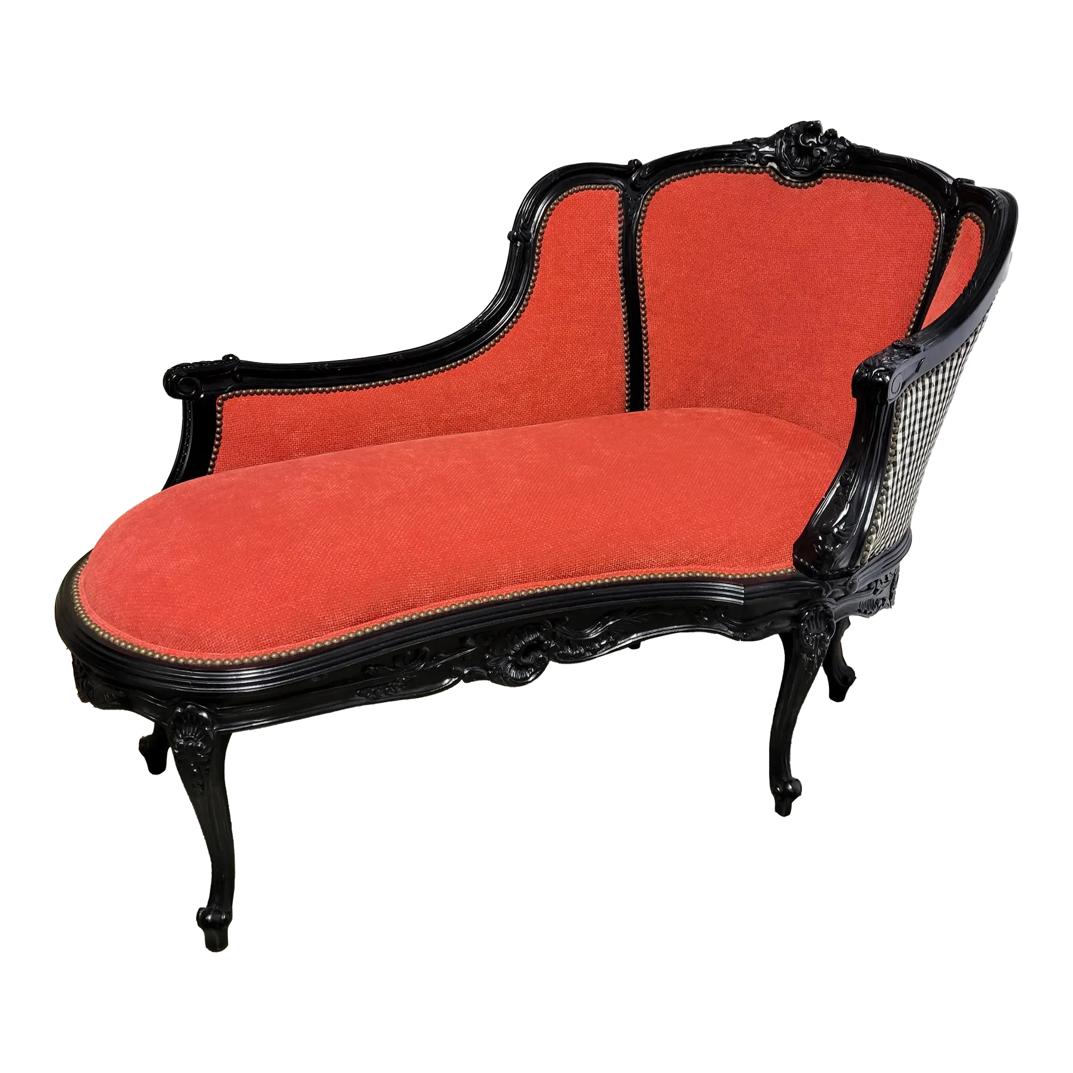 Louis XV Revival Black Lacquered Chaise Lounge With Dark Rose