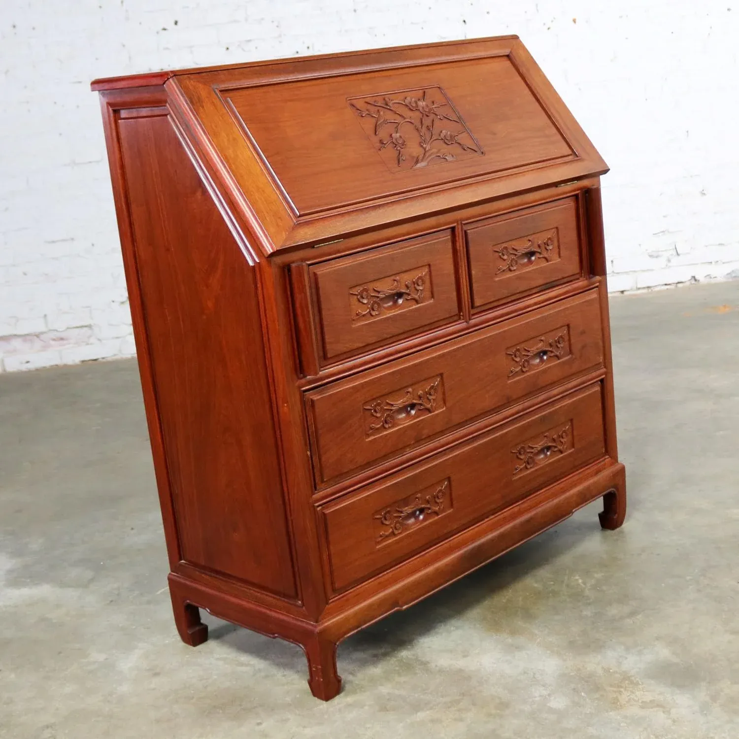 Asian Teak Hand Carved Drop Front Compartmentalized Desk Style of