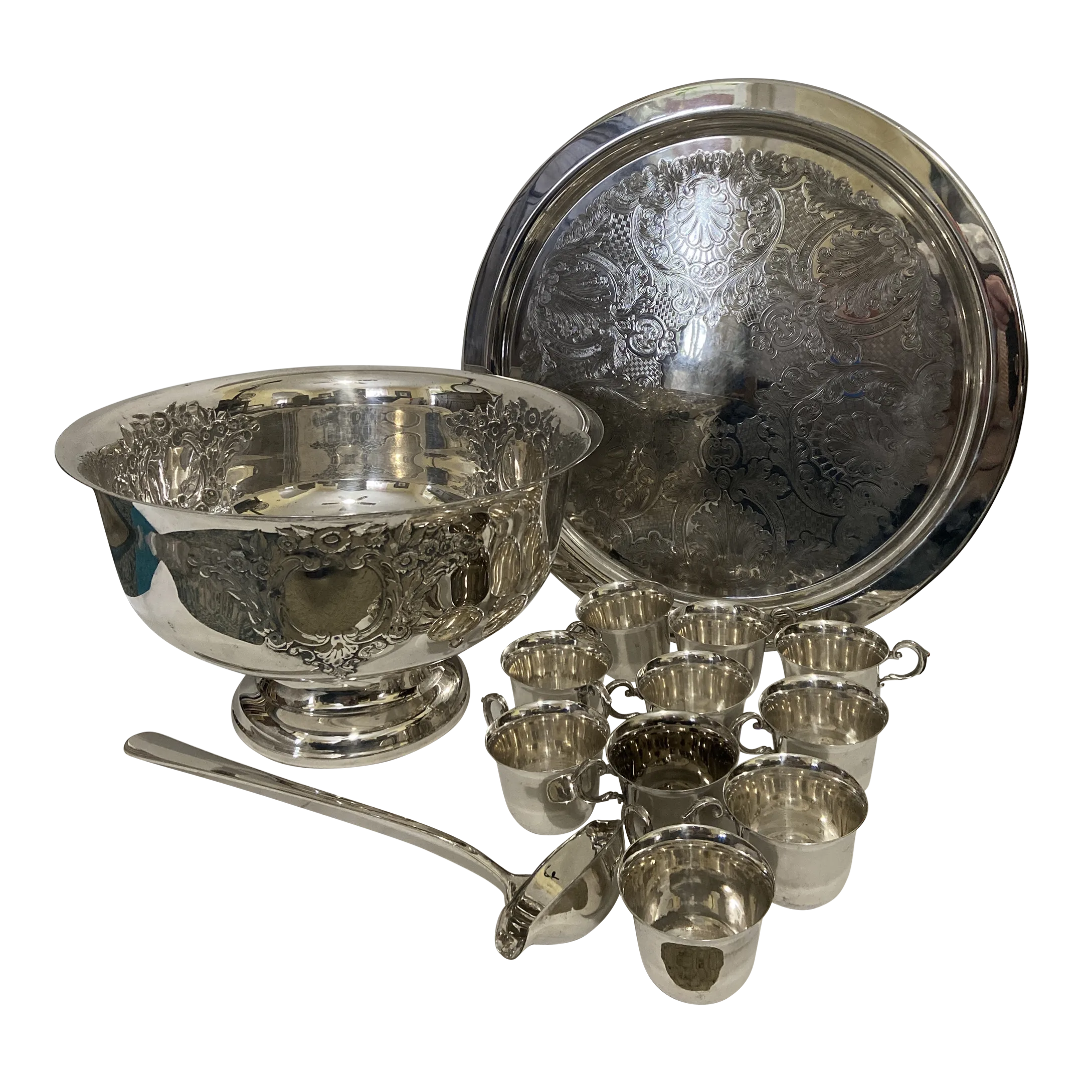 Vintage Silverplate Punch Bowl Monogram Tray Cup Set- 13