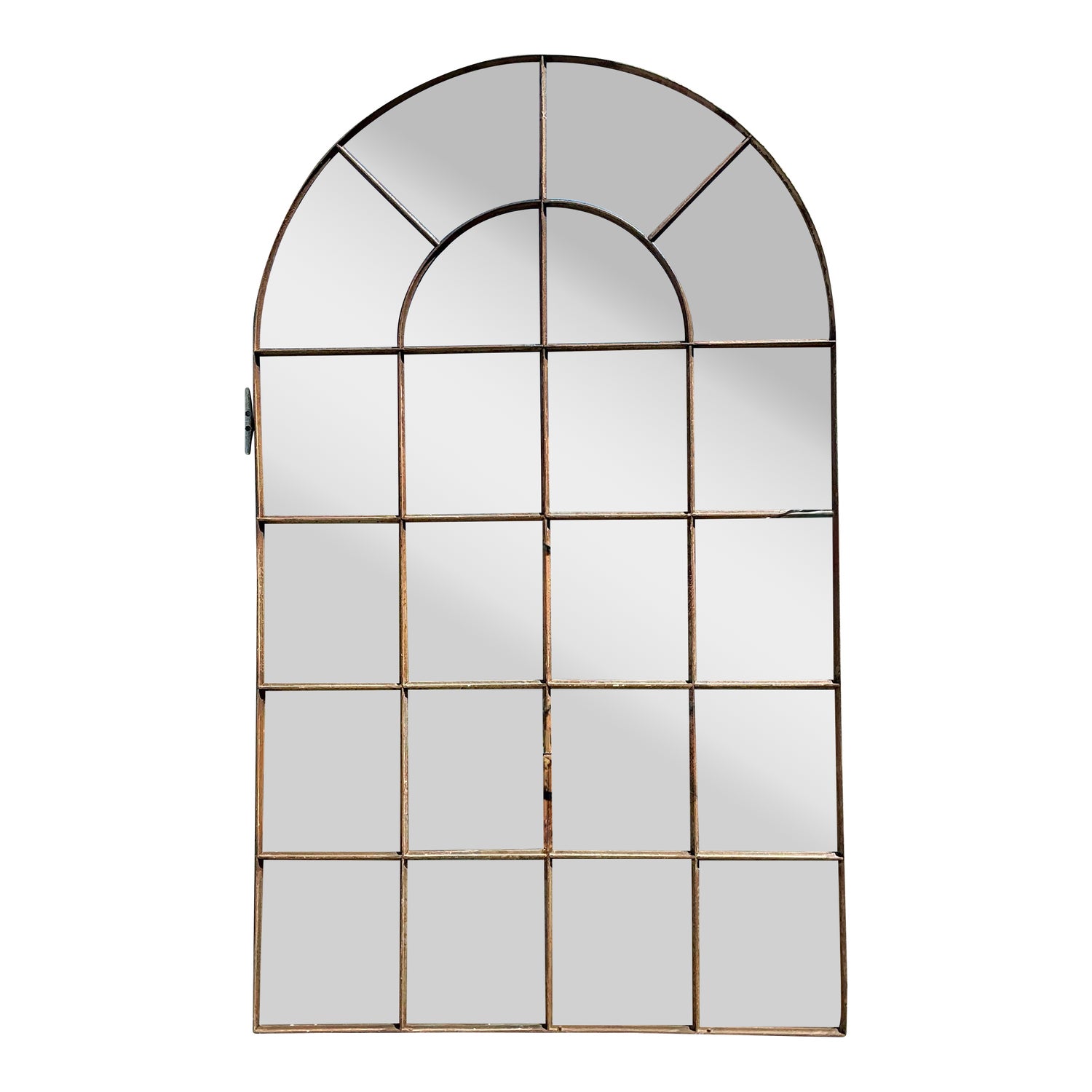 Vintage Monumental Arched Wrought Iron Mirror With Patinated Mullion Detail