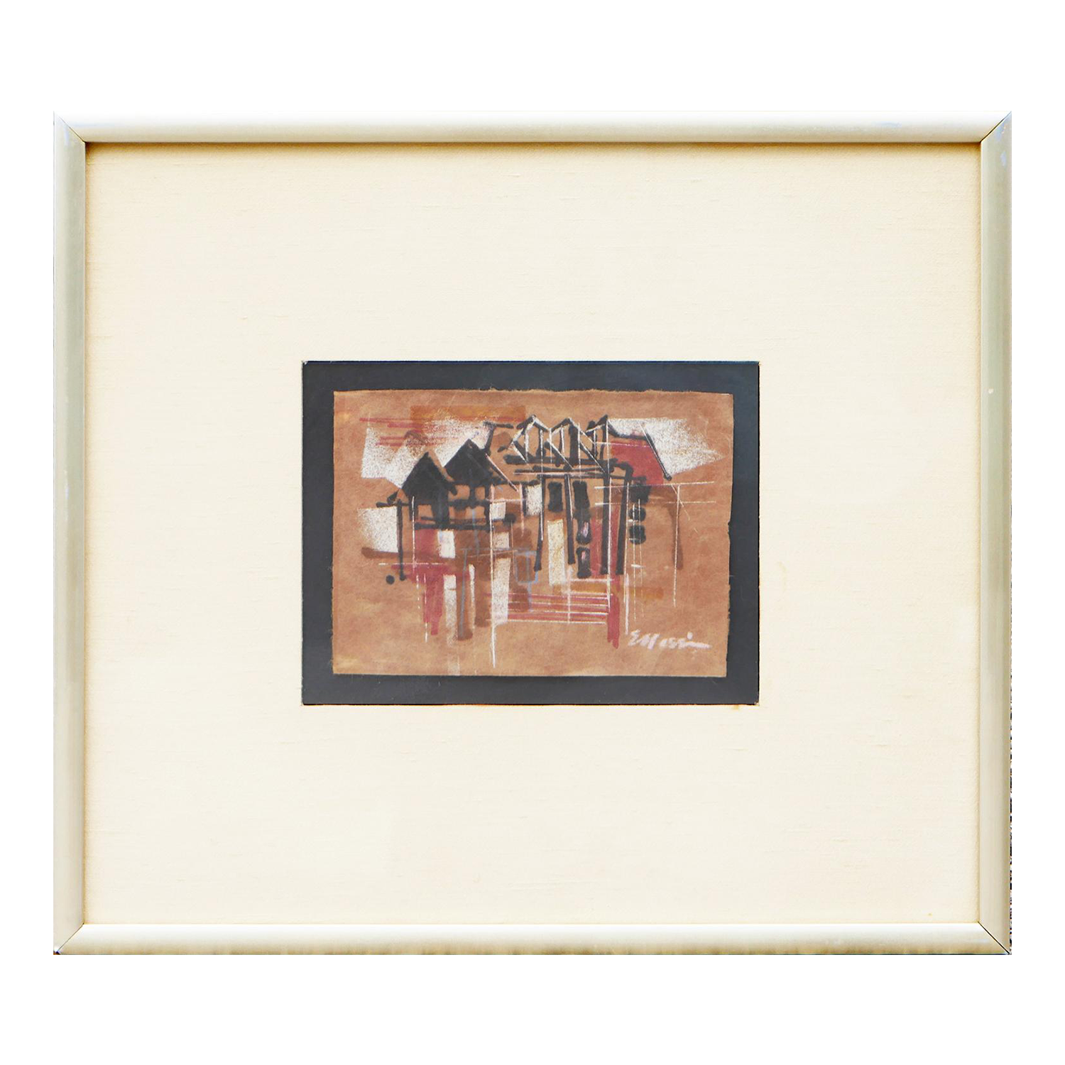 Mid20th Century Red, Black, and White Modern Abstract Angular City