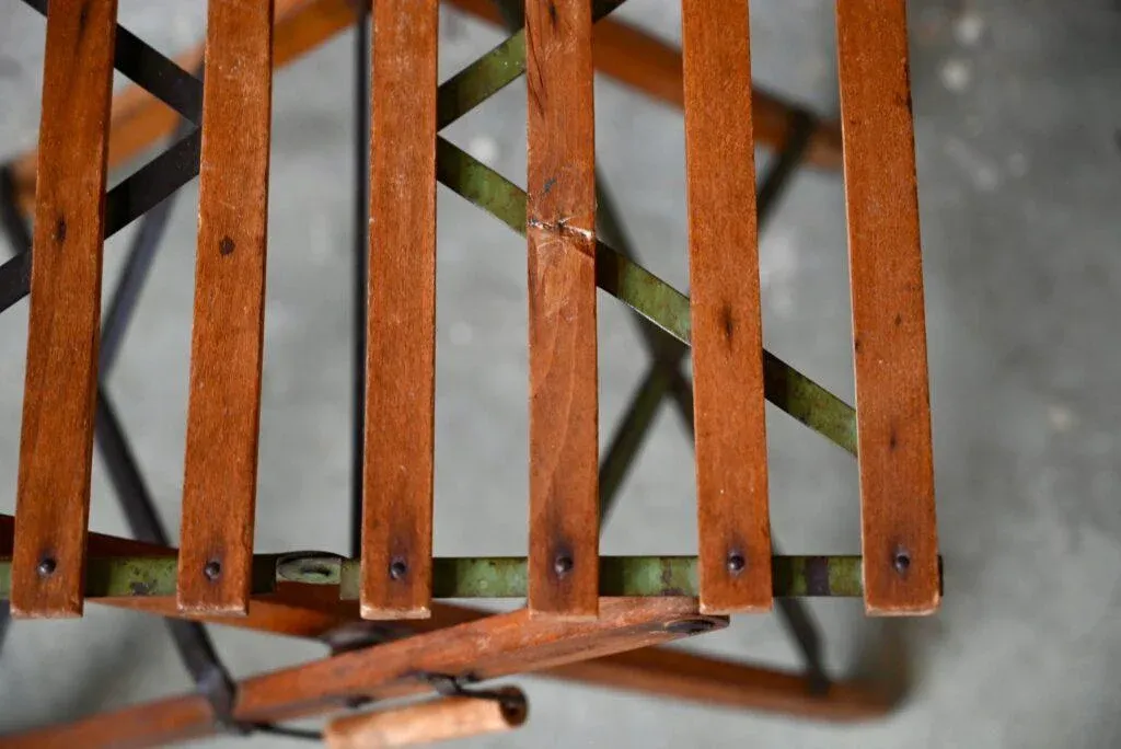 Mid-Century Folding Stool in Wood Slat and Metal from Eureka