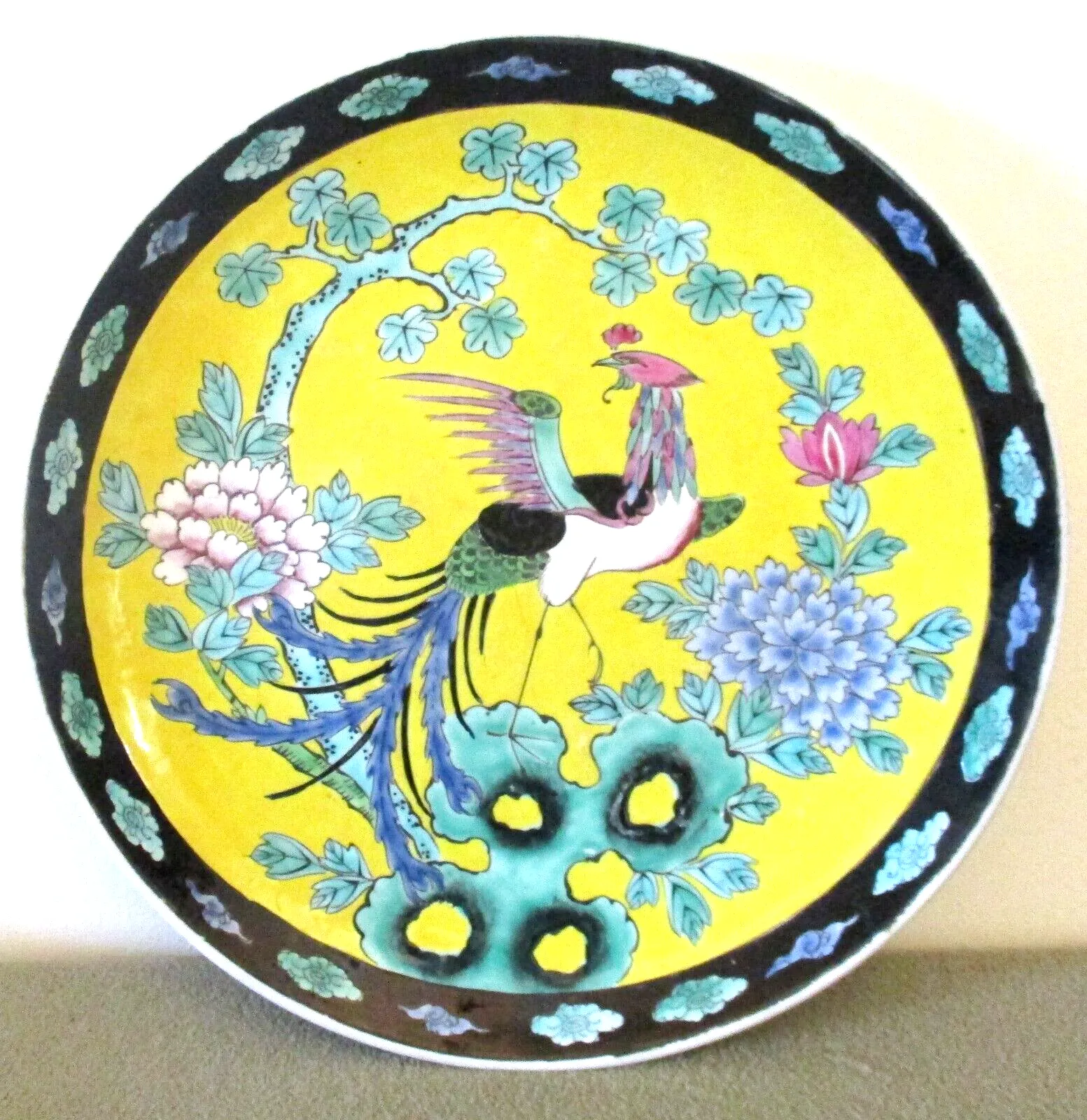 Antique Yellow Black Rim Japanese Enamel Porcelain Dahlias Bird of