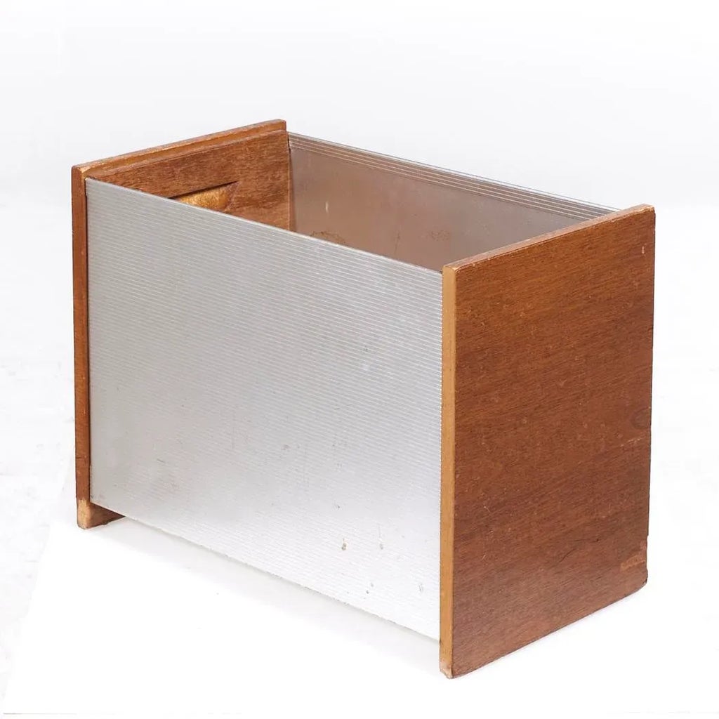 Poubelle Vintage Stow & Davis - Noyer Et Aluminium - Style Mid-century - Occasion Restaurée - 40x23x30 Cm