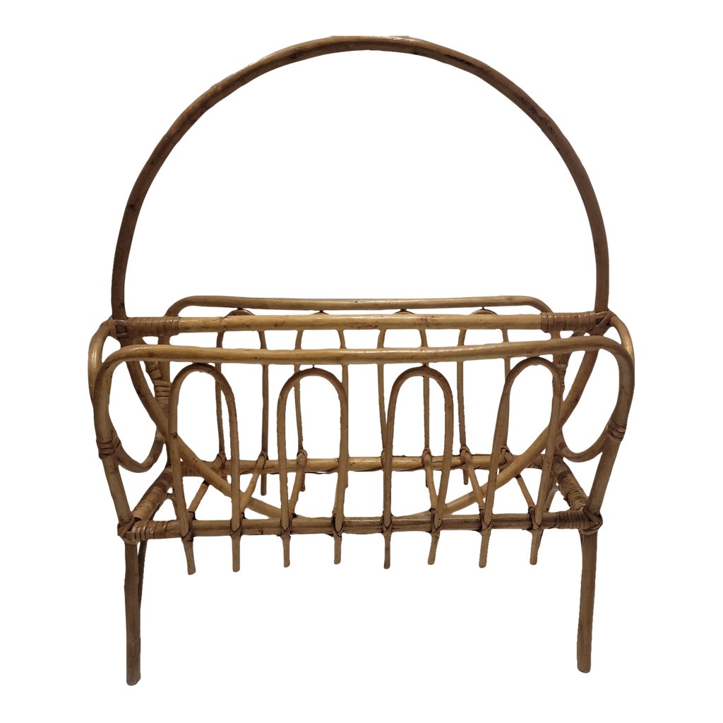 1970s Vintage Bamboo Magazine Rack With Circle Handle | Chairish