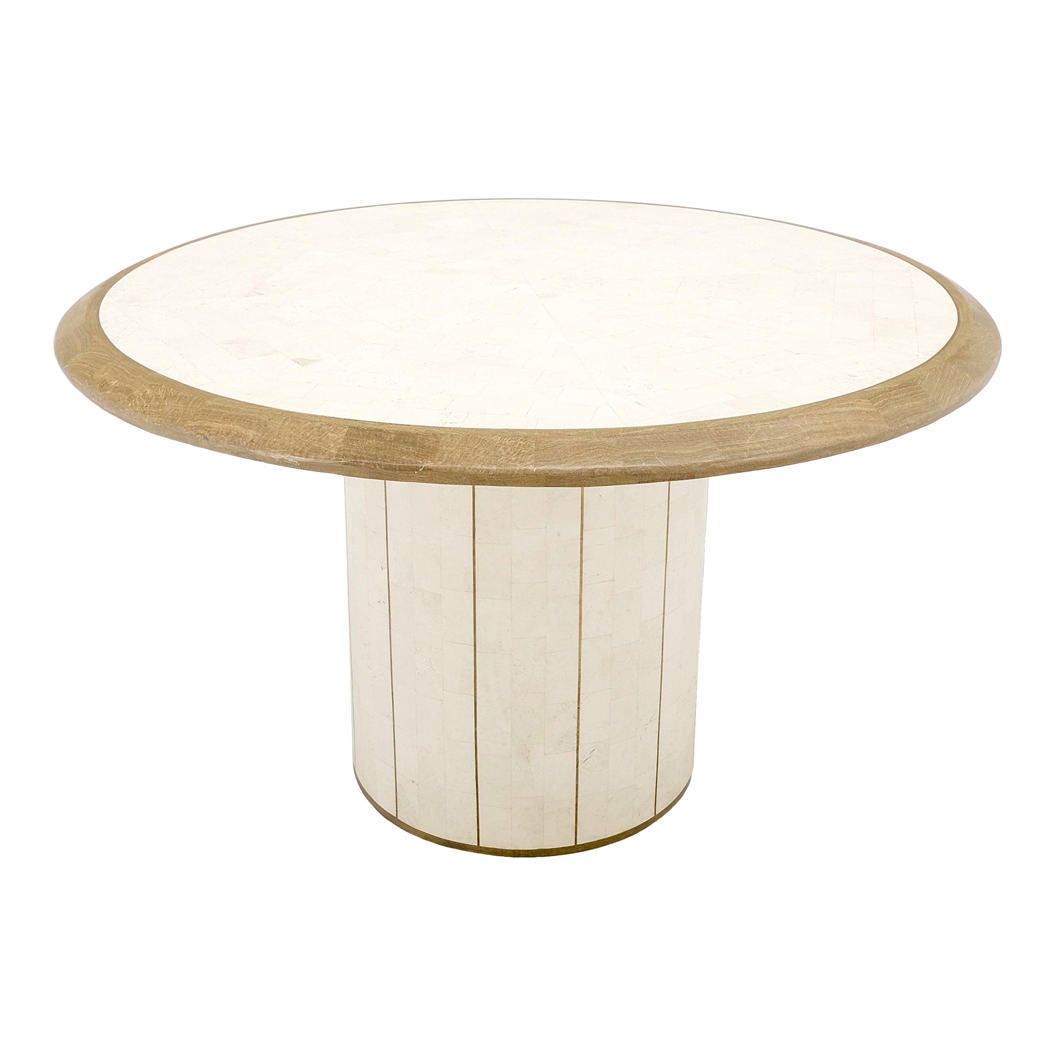 Round Travertine Tile Brass Inlay Cylinder Base Dining Conference Table