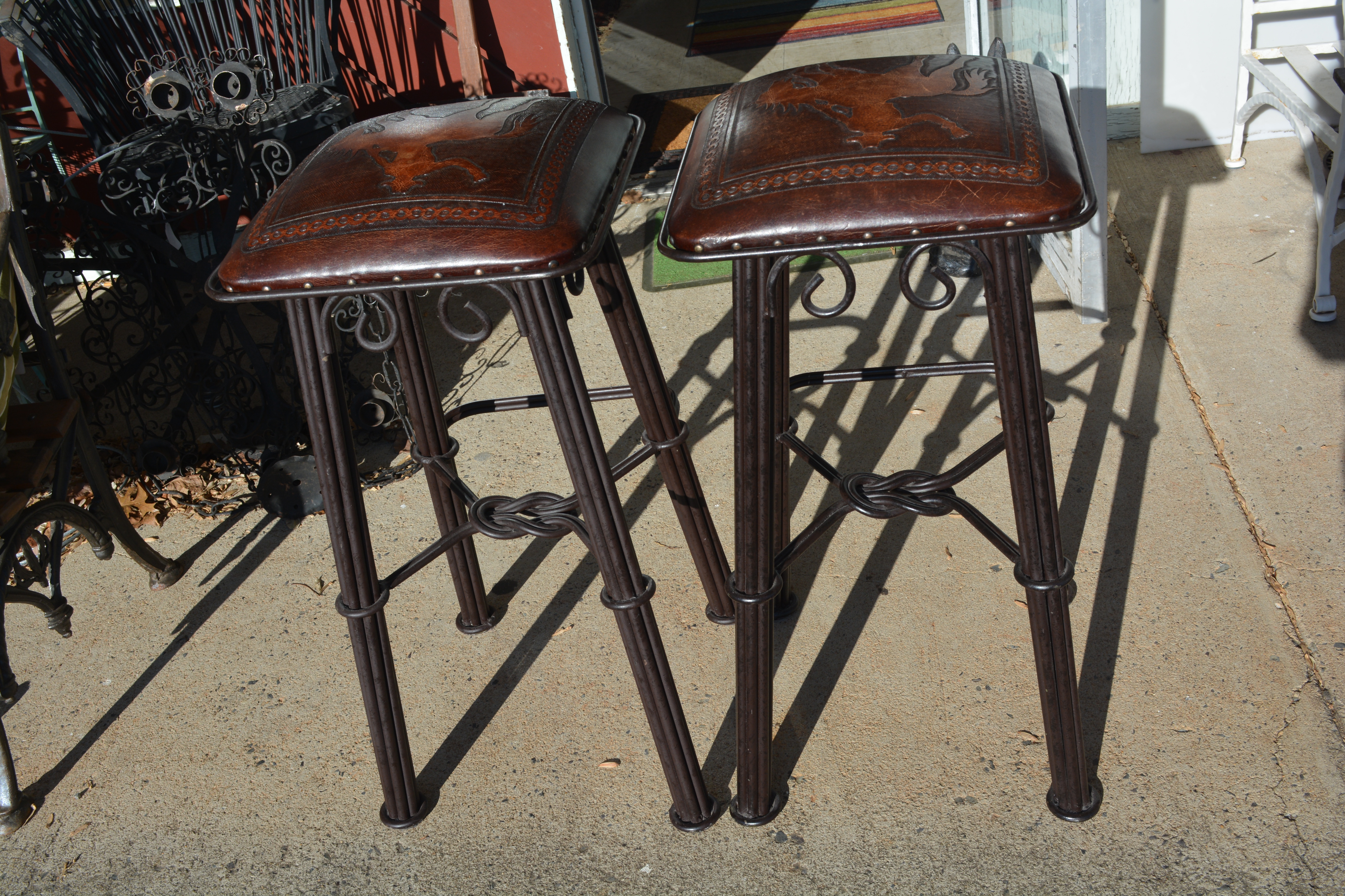 1990s Williston Forge Brown Leather Black Iron Cowboy Horse Embossed Bar  Counter Stools With Foot Rest Set of