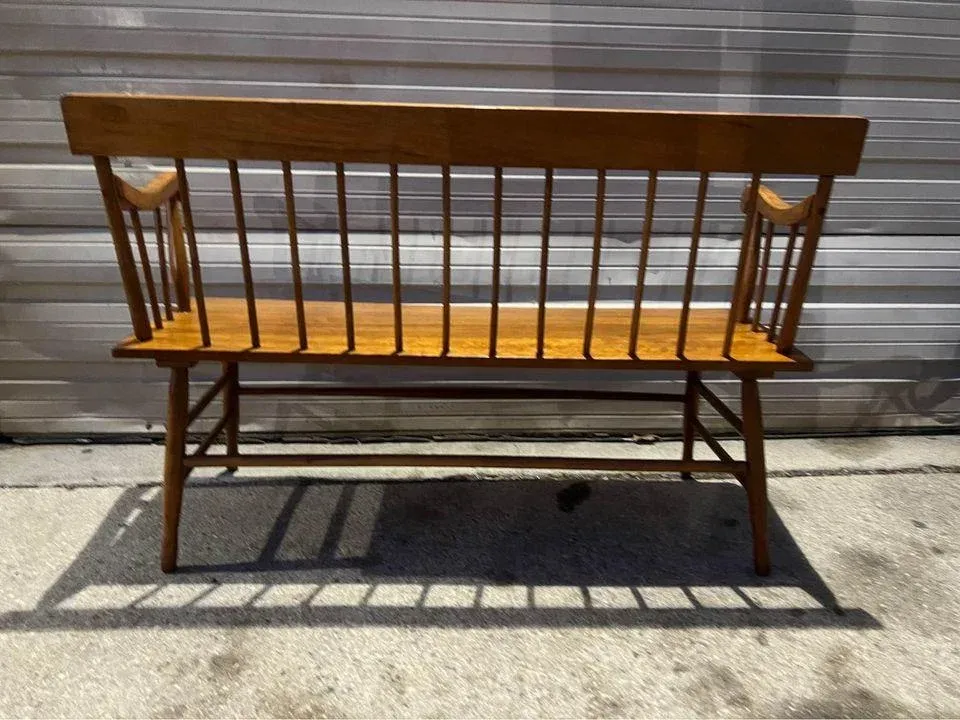 Vintage American Primitive Style Spindle Back Solid Cherry Bench 