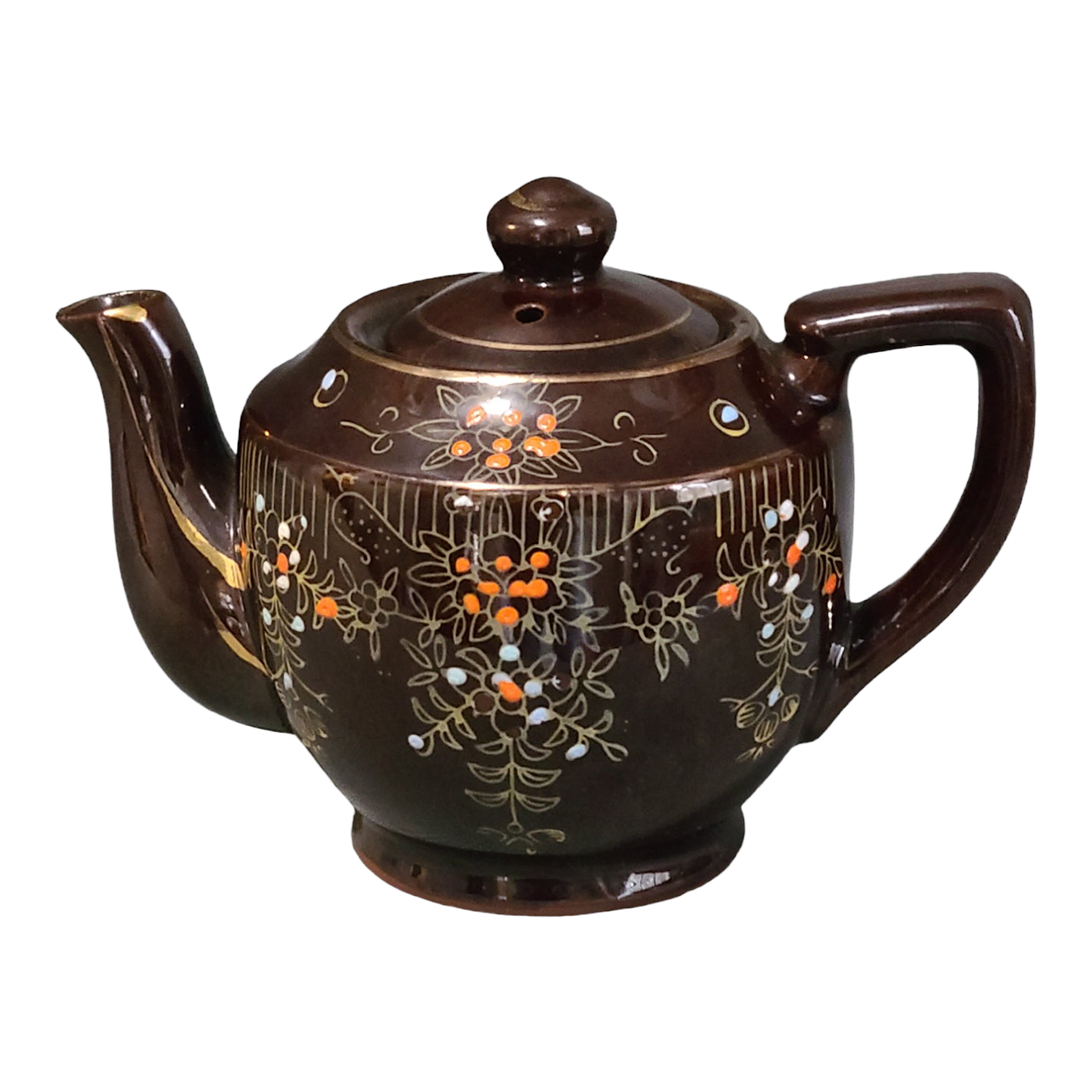 Vintage Redware Brown Hand Painted Enamel Moriage Japanese Tea Pot