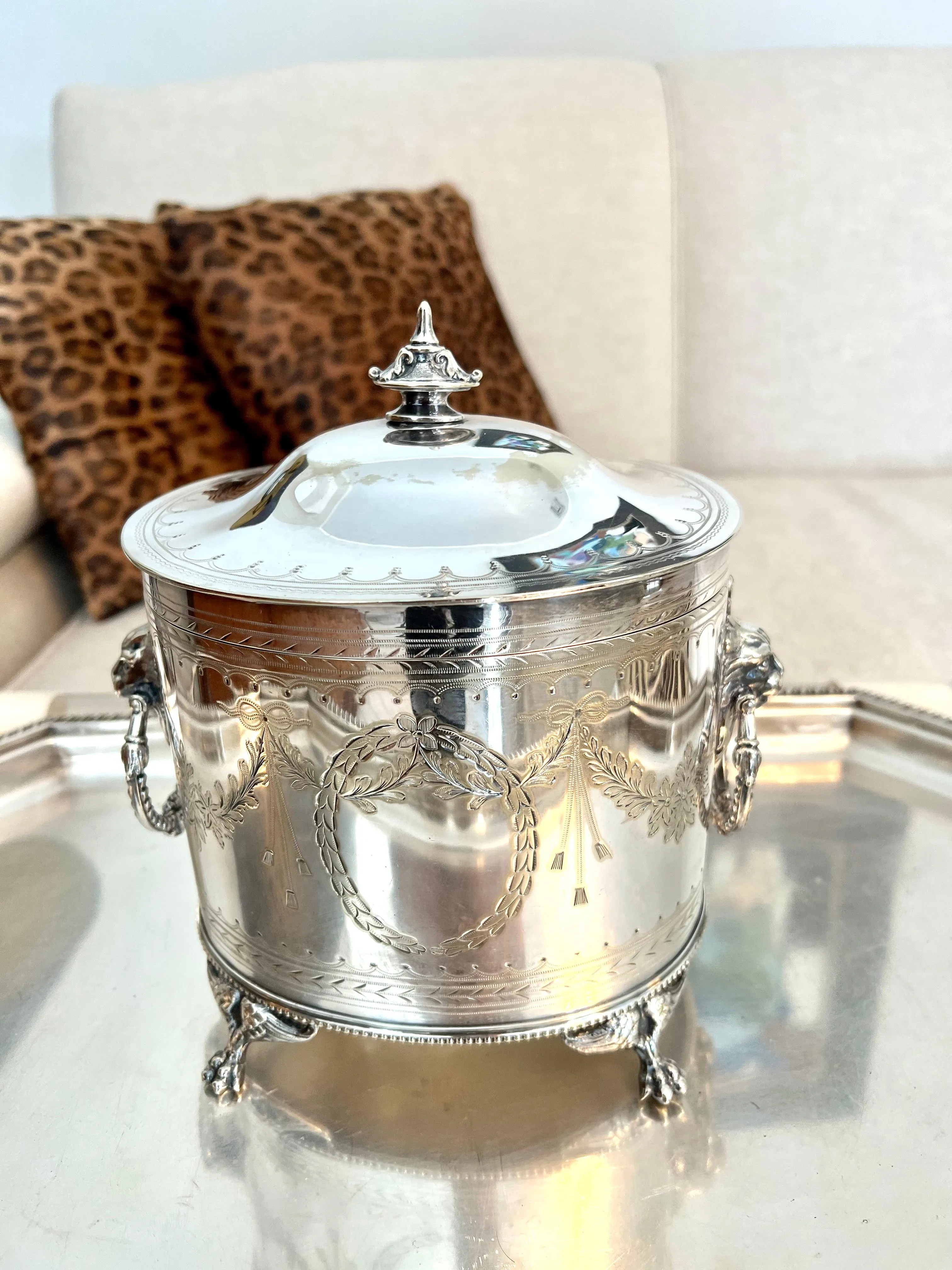 English Silver Plate Tea Caddy with Lion and Ring Handles | Chairish