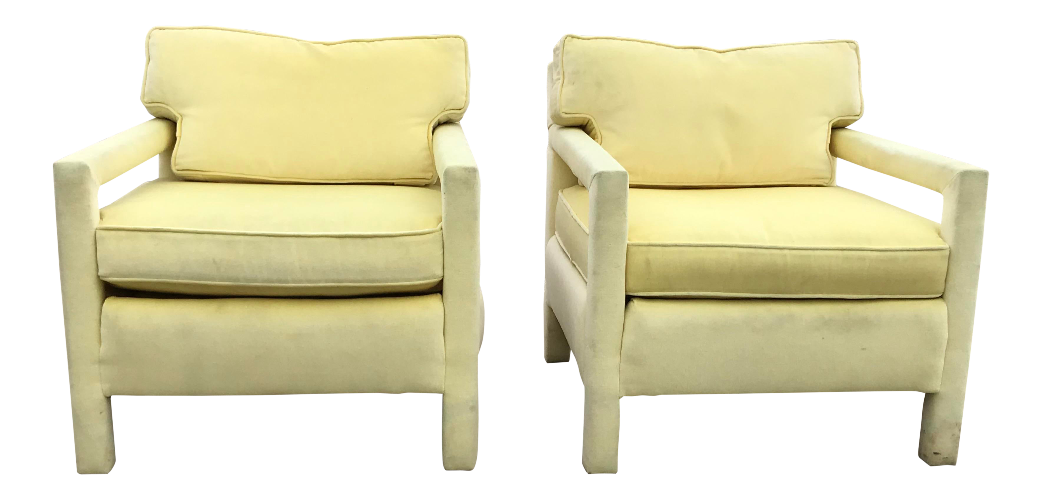 1980s Vintage Yellow Velvet Milo Baughman Style Parsons Open Arm