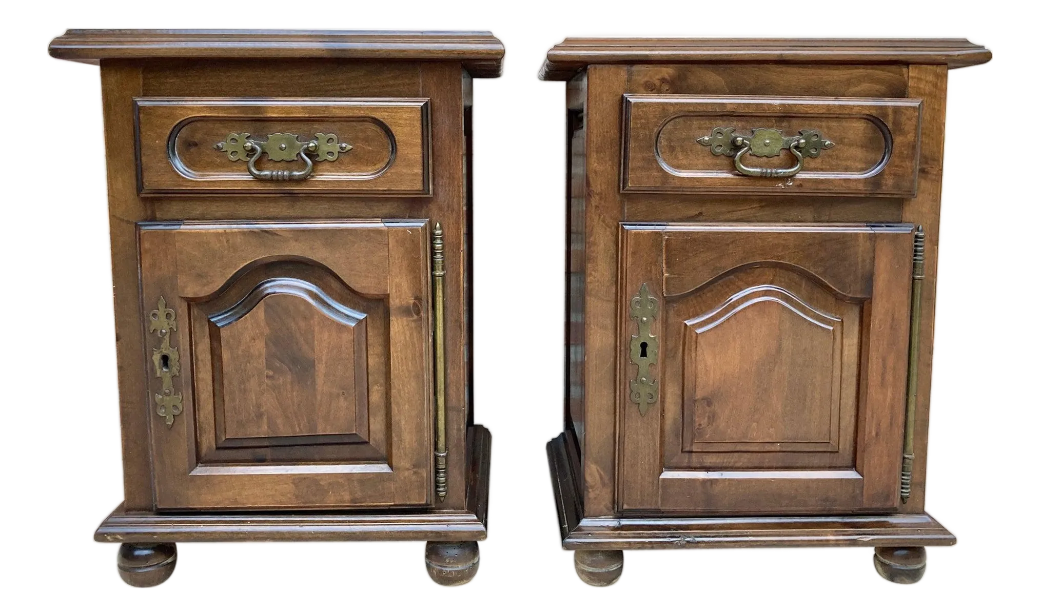 Early 20th Century Spanish Nightstands with Drawer & Bronze Details, 1920, Set of 2