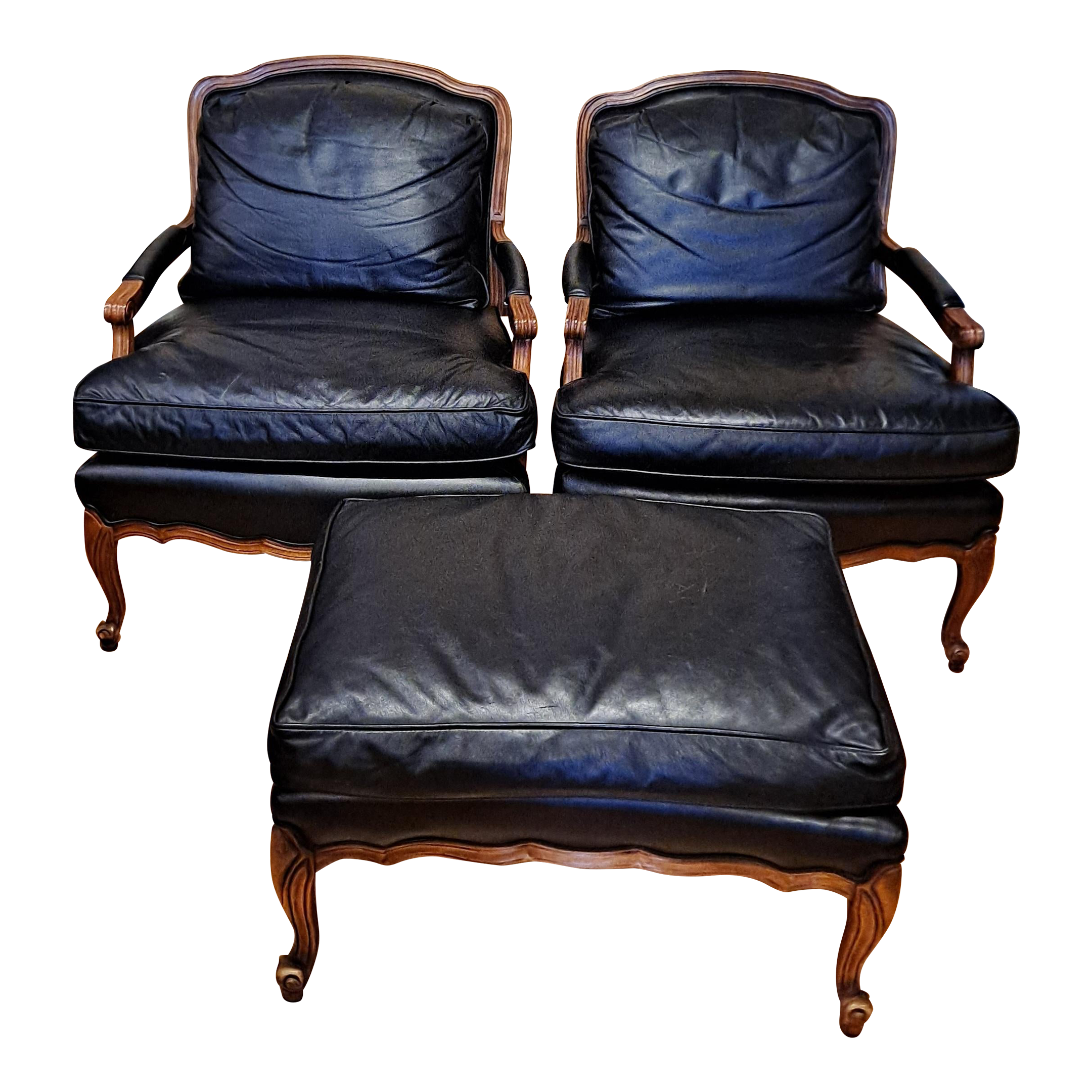 Pair of Sam Moore Leather Bergere Arm Chairs With Matching Ottoman