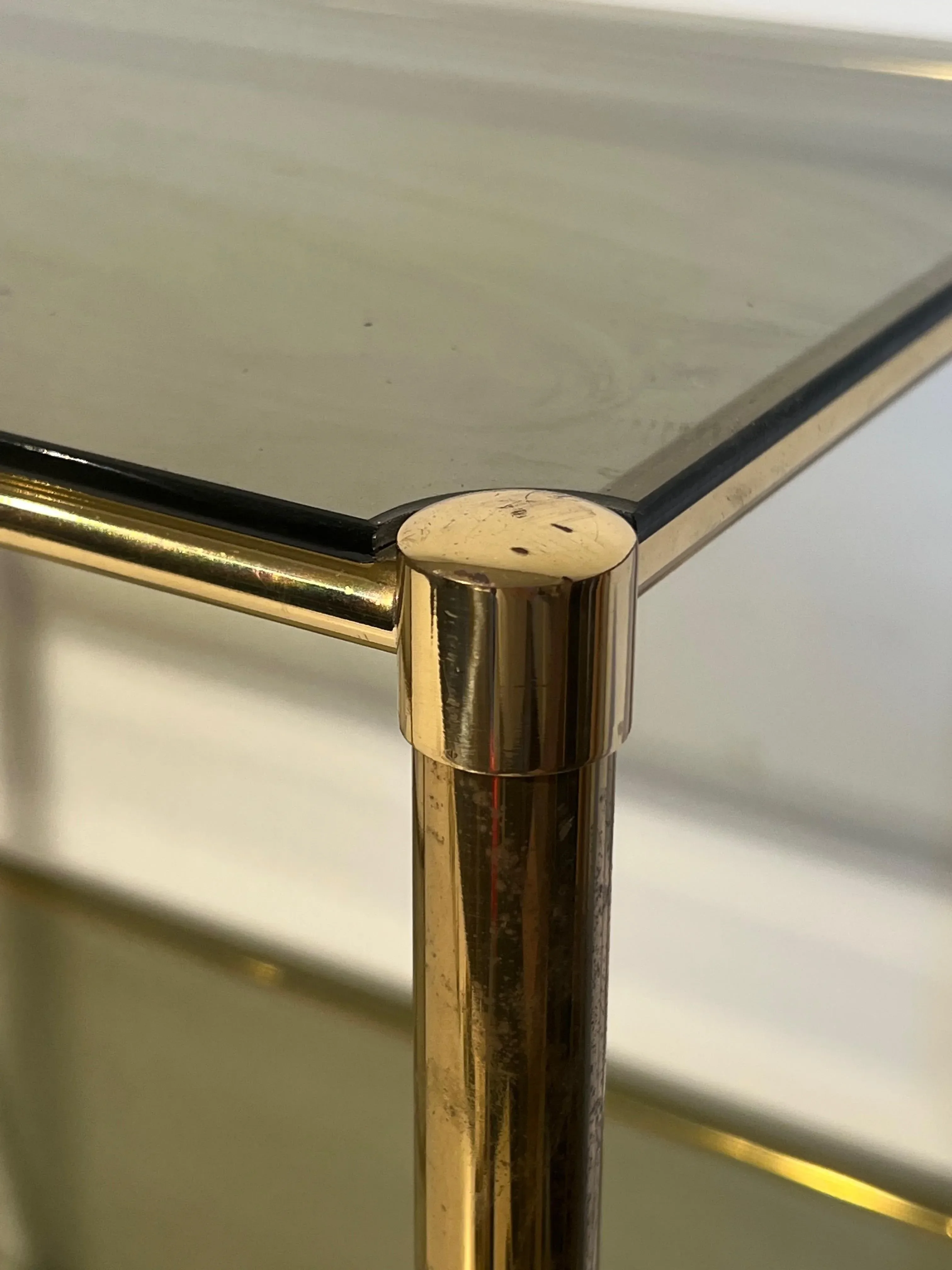 Brass Side Tables With Smoked Glass Shelves. French Work. Circa