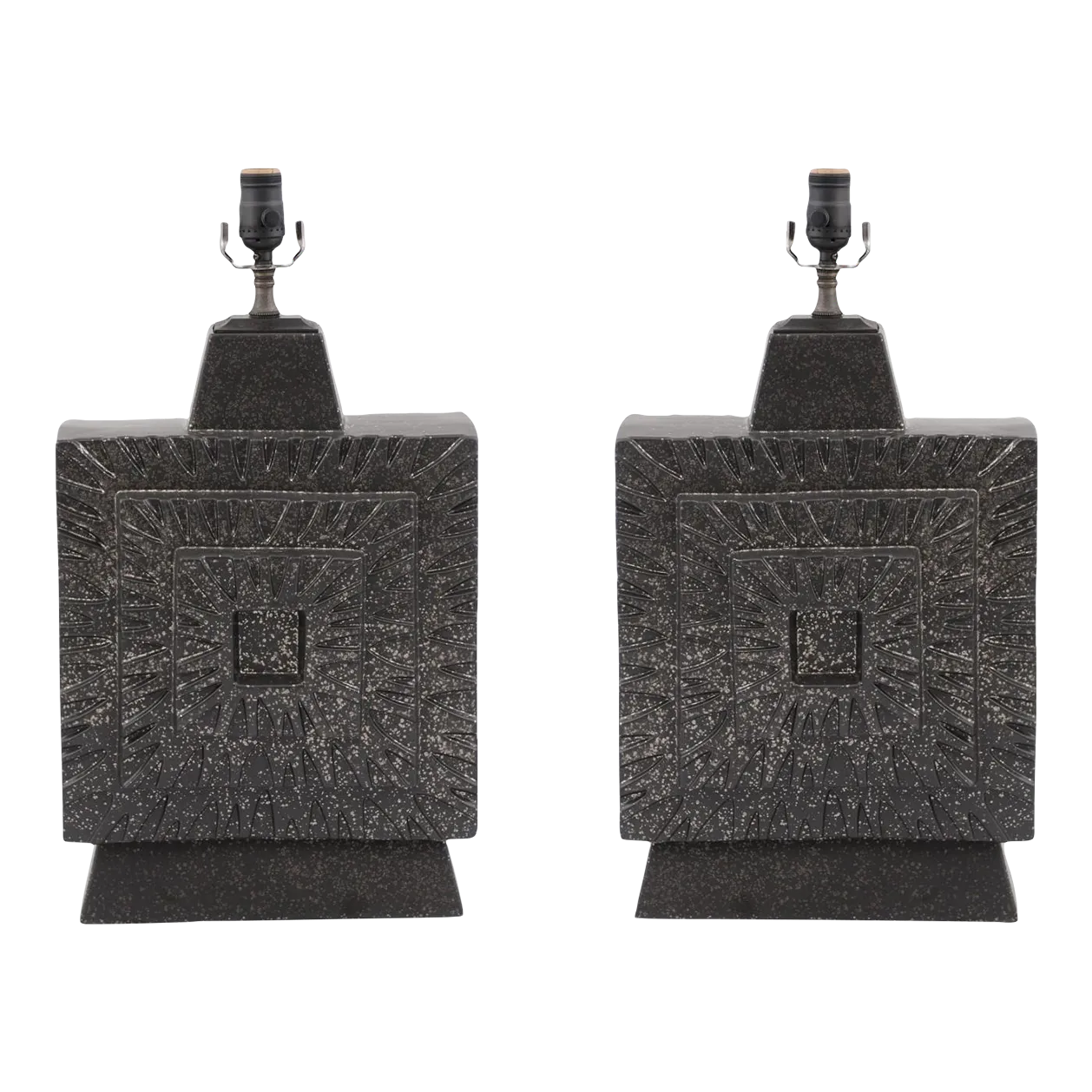 Pair of Vintage 1970s Mayan Influence Bronze Speckled Lamps