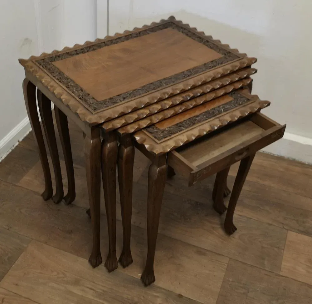 Nesting Tables in Carved Teak, 1950s, Set of 4
