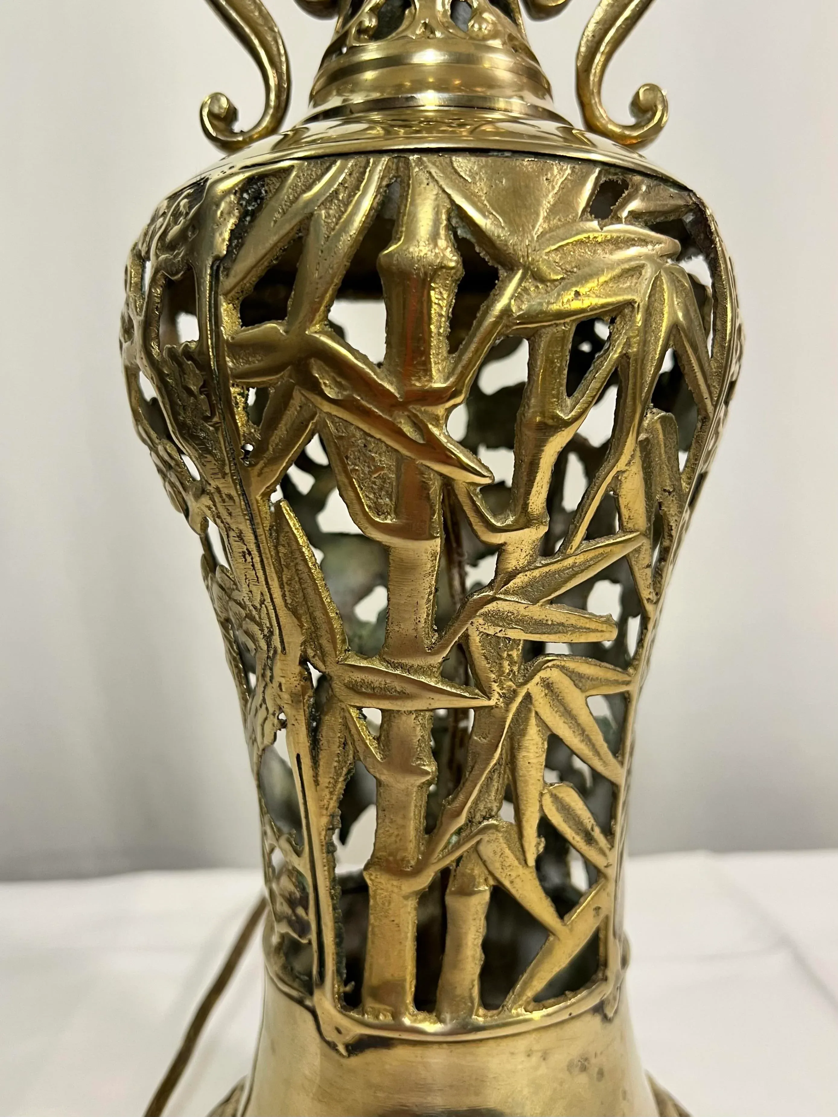 Vintage James Mont Style Reticulated Brass Table Lamp With Bamboo